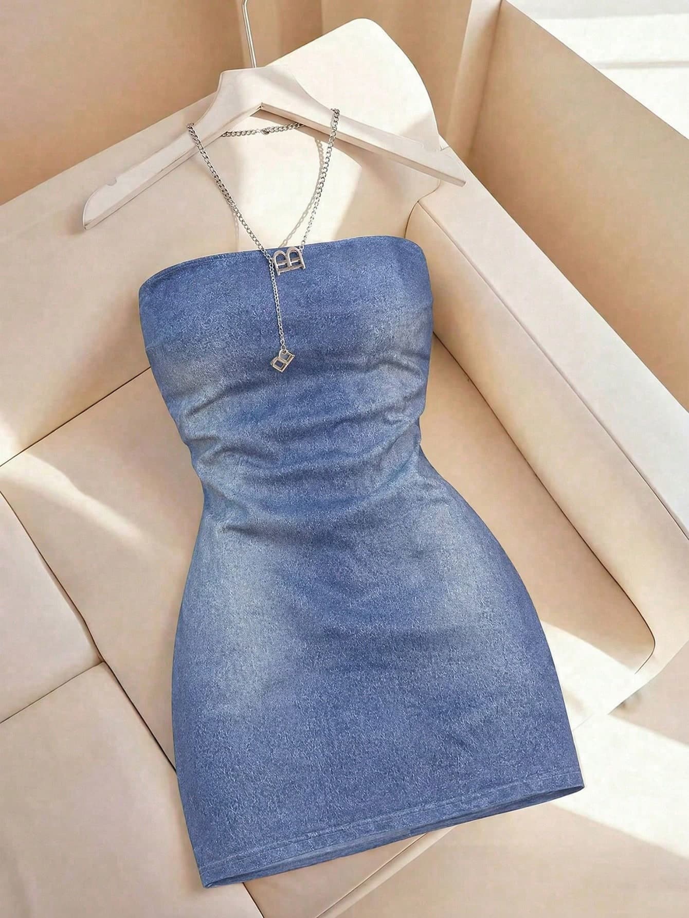 Resyla New Women's Fashion Casual Versatile Denim Print Bandeau Dress