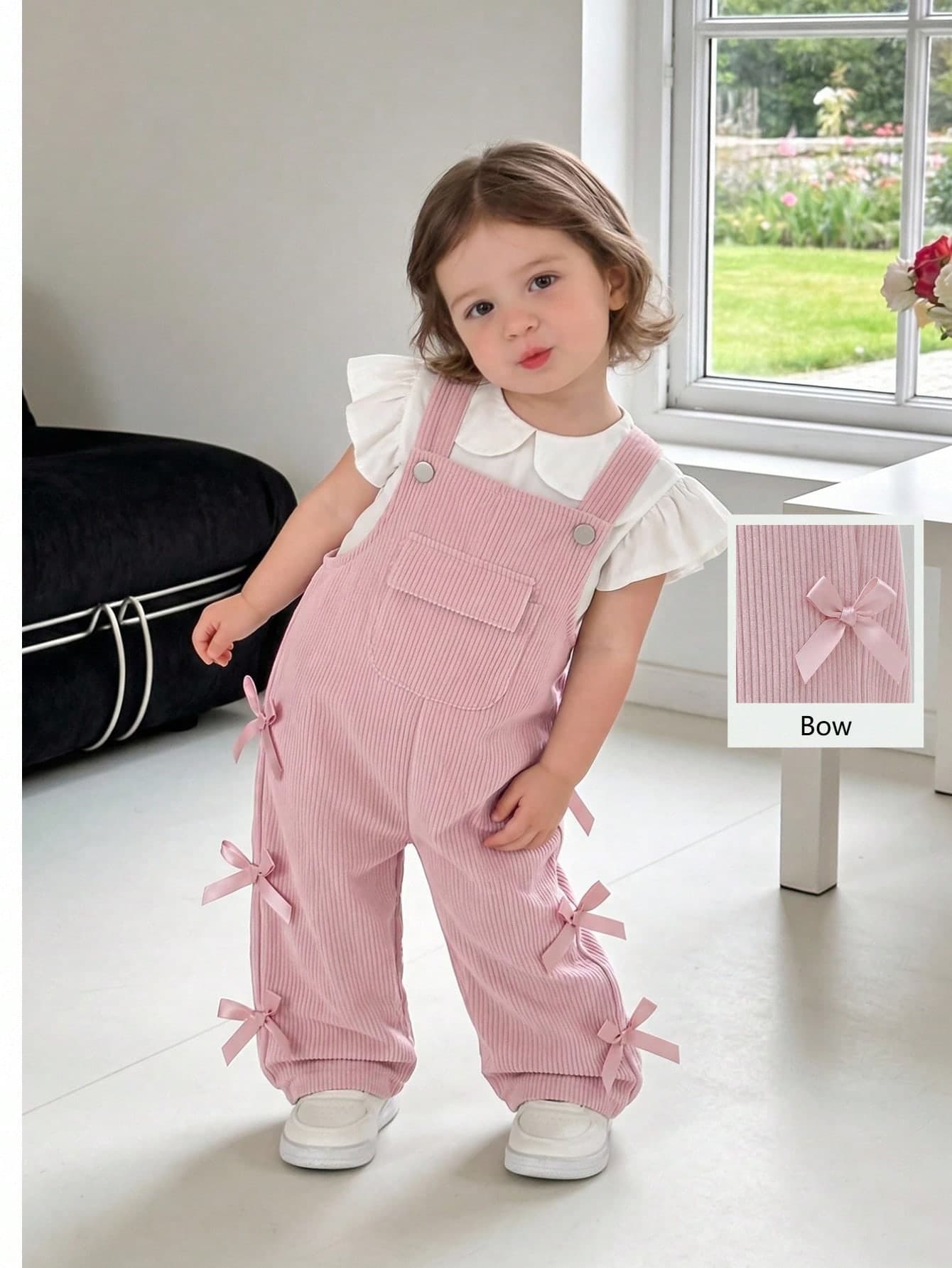 SHEIN Vintaside Kids Baby Girl Overalls, All-Season, Cute Style, Light Pink, Decorated With Pink Bows, Front Pocket Design, Loose Straight Leg Jumpsuit, Corduroy Fabric, Soft And Comfortable, School, Commute, Daily Outings, All-Season Baby Girl Overalls