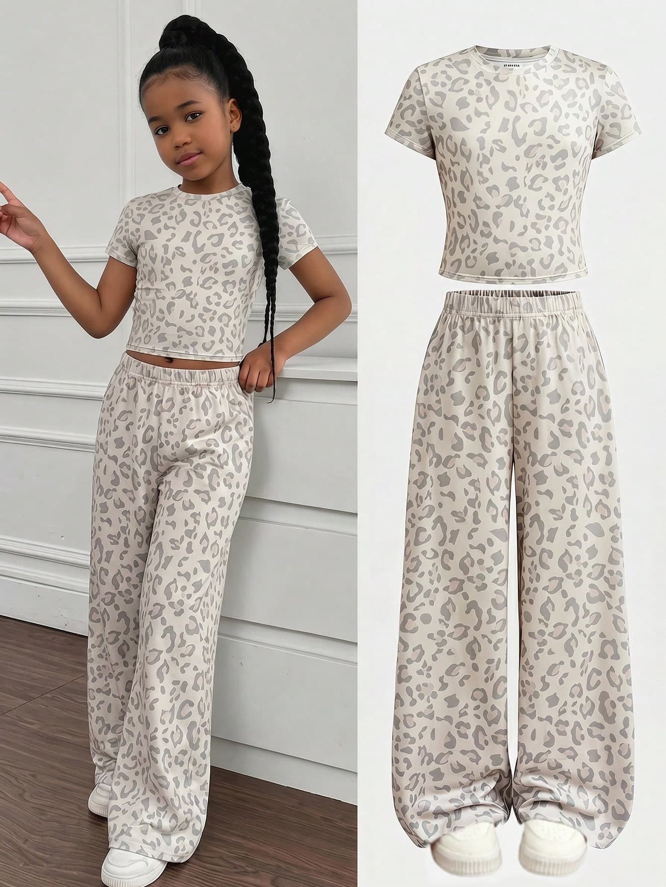 Kids Tween Girl Casual Daily Fashion Leopard Print Crew Neck Fitted T-Shirt And Long Pants Set
