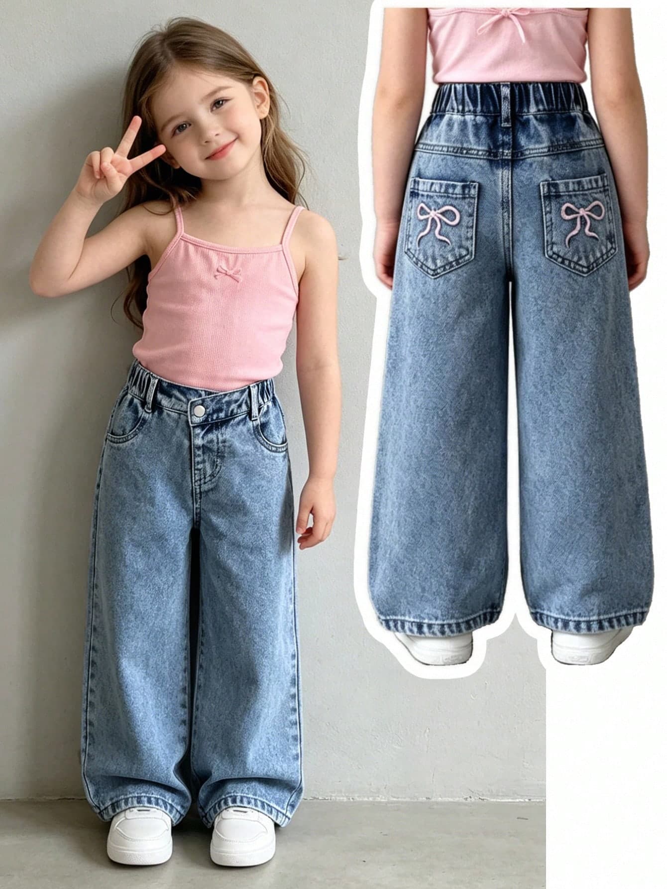 SHEIN Elladie kids Young Girls' Denim Jeans, All-Season New Style, Fashion Casual, Vintage Denim Mid-Blue, Elastic Waistband Asymmetric Design, Back Pocket Bow Embroidery Pattern, Fashion Straight Leg Fit, Soft And Comfortable Fabric, Daily Versatile Fashion Style, Daily Outfits, Spring/Autumn New Young Girls' Denim Long Pants