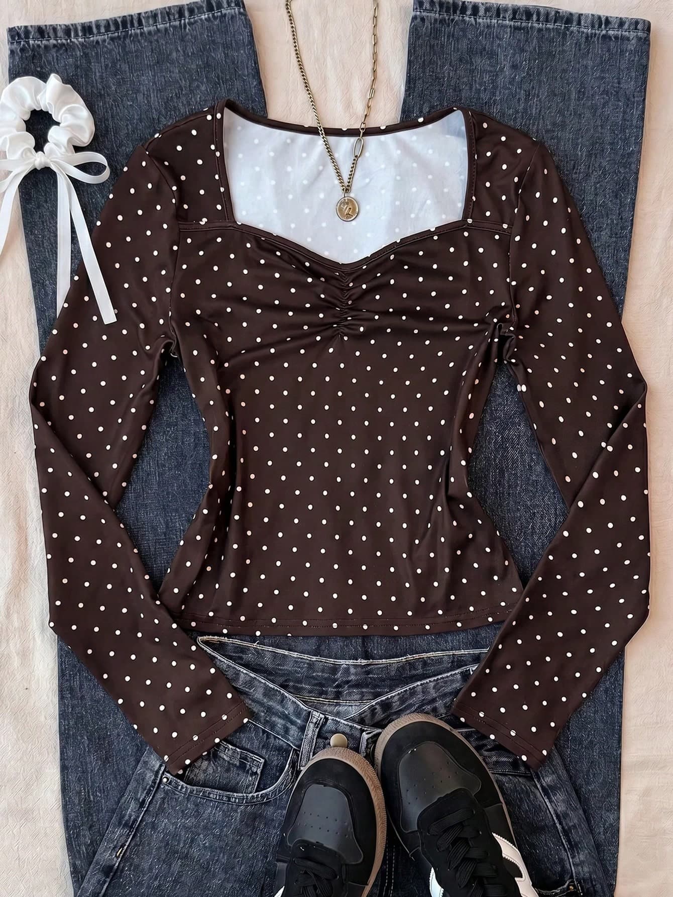 Teen Girls Brown & White Polka Dot Ruched Bust Fitted Long Sleeve Versatile Preppy Minimalist Streetwear T-Shirt