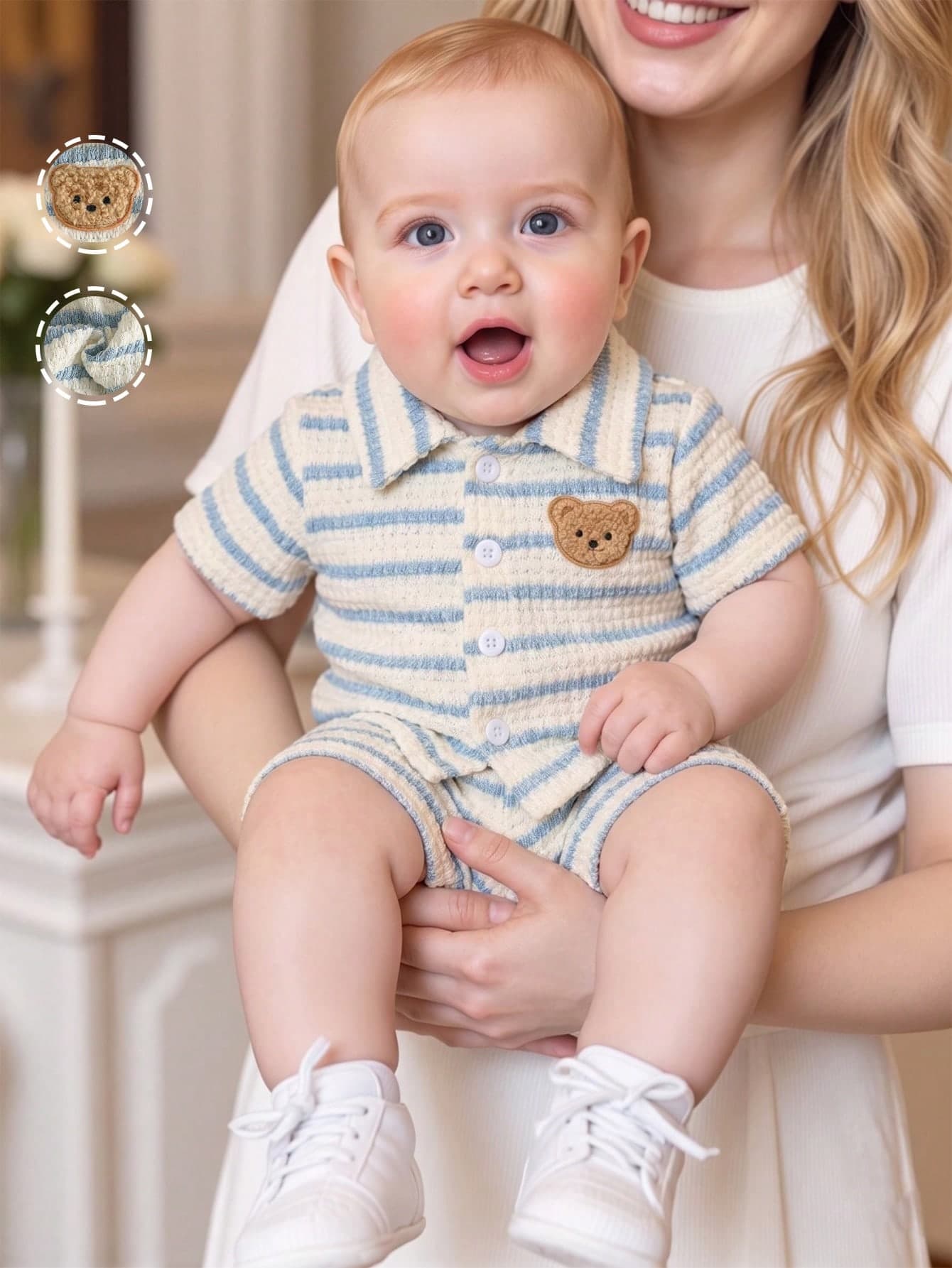 SHEIN 2pcs Newborn Casual Daily Knitted Jacquard Shirt With Collar Short Sleeve Top And Elastic Waist Shorts, Comfortable For Outings Or Home Wear, Versatile Summer Outfit