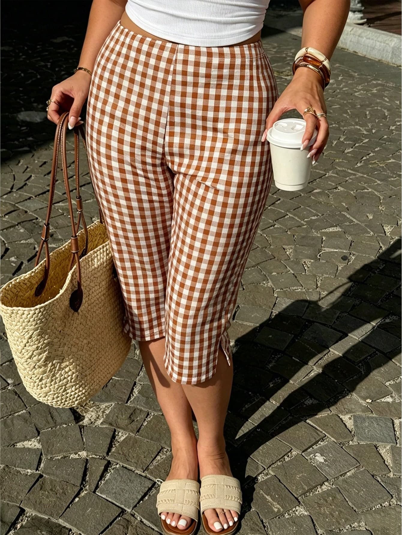 Easura Plus Size Summer New Arrival White Plaid Retro 90s Capri Pants, Slim Fit Plus Size Pants, Plus Size Women Summer Holiday Outfit Vacation