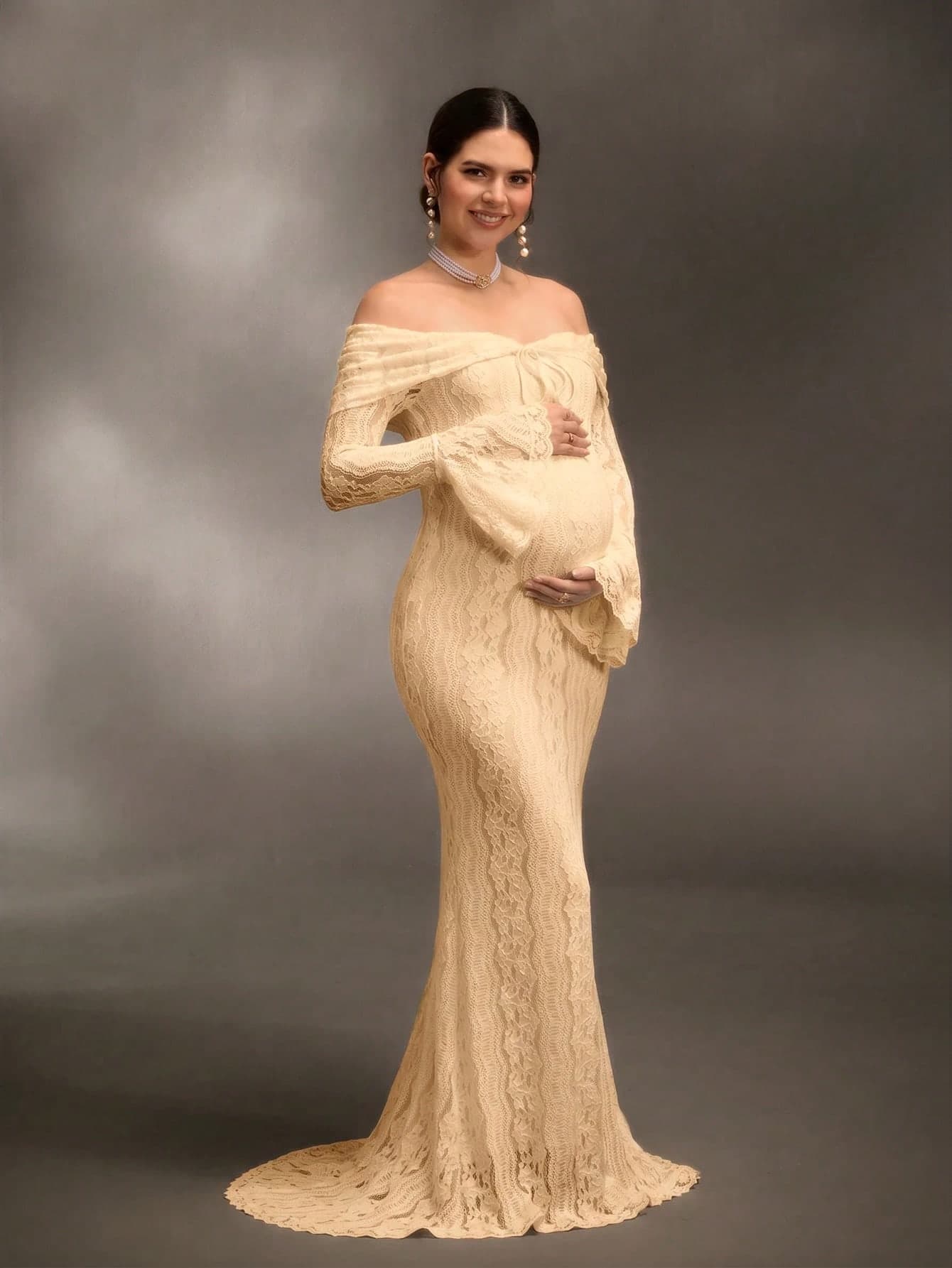 Cheriluna Maternity Christmas Party Dress/Elegant Party Dresses/Baby Shower Party Dress Elegant Off-Shoulder White Lace Long Sleeve Extra Long Mermaid Gown Suitable For Wedding, Party