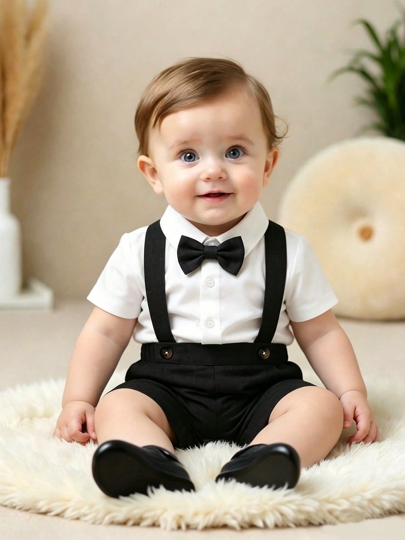 Souflis Souflis 2pcs/Set Baby Boy Formal Gentleman Outfit, White Lapel Single-Breasted Knit Short Sleeve Shirt With Bow Tie And Elastic Waist Suspender Shorts, Suitable For Summer Wear, 6 Months To 3 Years Old, Perfect For Birthday Party, Celebration, Performance, Wedding, Full Moon Ceremony, Baptism, Back To School, Baby Shower And Other Occasions, Fashionable And Elegant