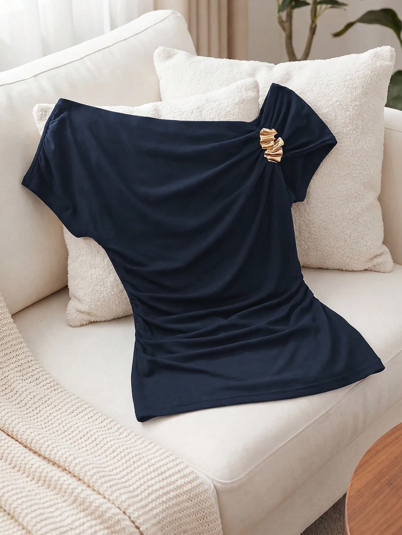 Franclia Plus Size Women's French Casual Elegant Asymmetrical Shoulder Short-Sleeve T-Shirt Party Navy Blue Summer
