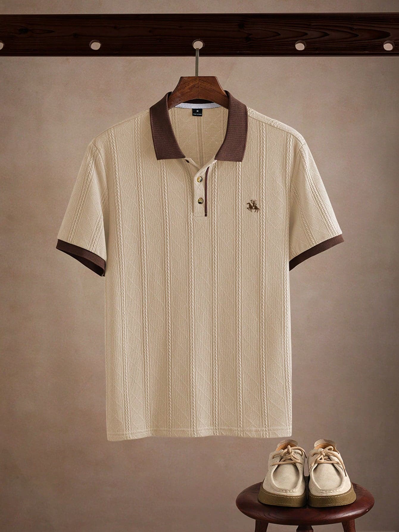 Core Aspect Men's Turn-Down Collar Short Sleeve Polo Shirt,Knitted Crochet Fabric,Embroidered Button Polo,Beige Summer Casual Golf Shirt For Daily Outing Gift