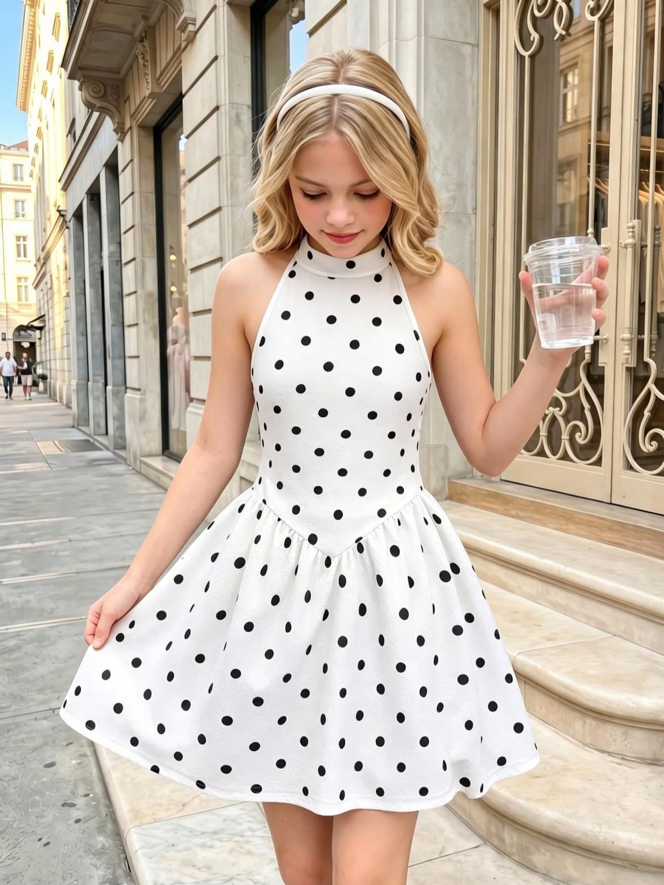 Tween Girls' White Polka Dot Print Halter Neck High Collar Open Shoulder Sleeveless Waist-Cinching Short A-Line Dress, Sweet And Spicy Style For Dates, Vacations And Daily Wear, Trending