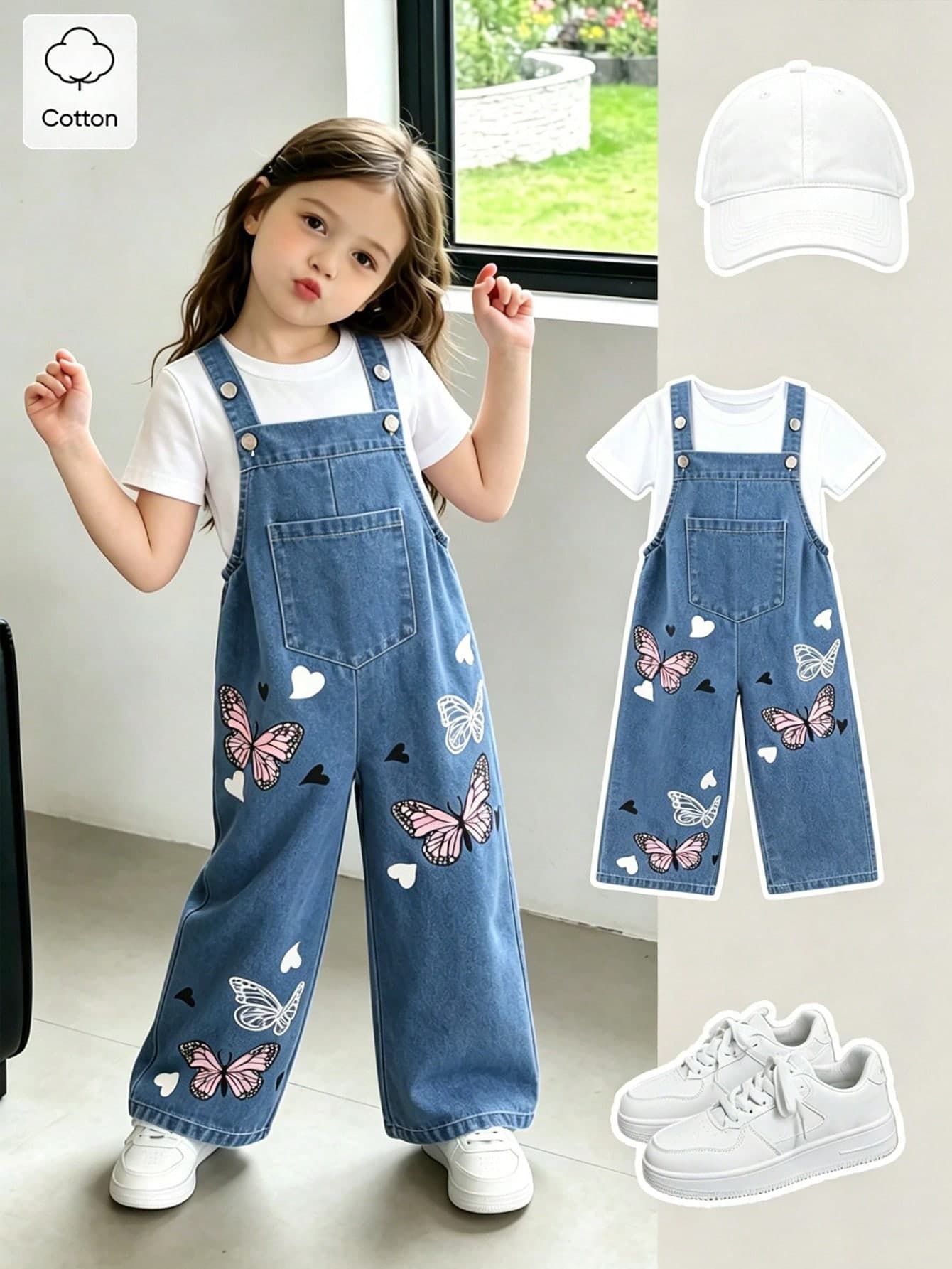 Elladie kids Young Girl' Cartoon Butterfly Print Denim Bib Pants, Casual Fashion Outfit For Summer