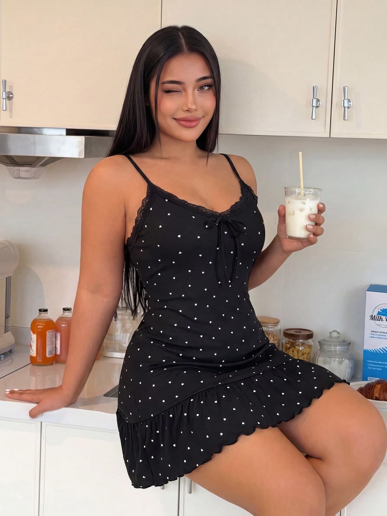 ZzzCrew Plus Size Women's Knit Ribbed Heart Print Sexy Camisole Sleepwear Dress, Wearable Outside