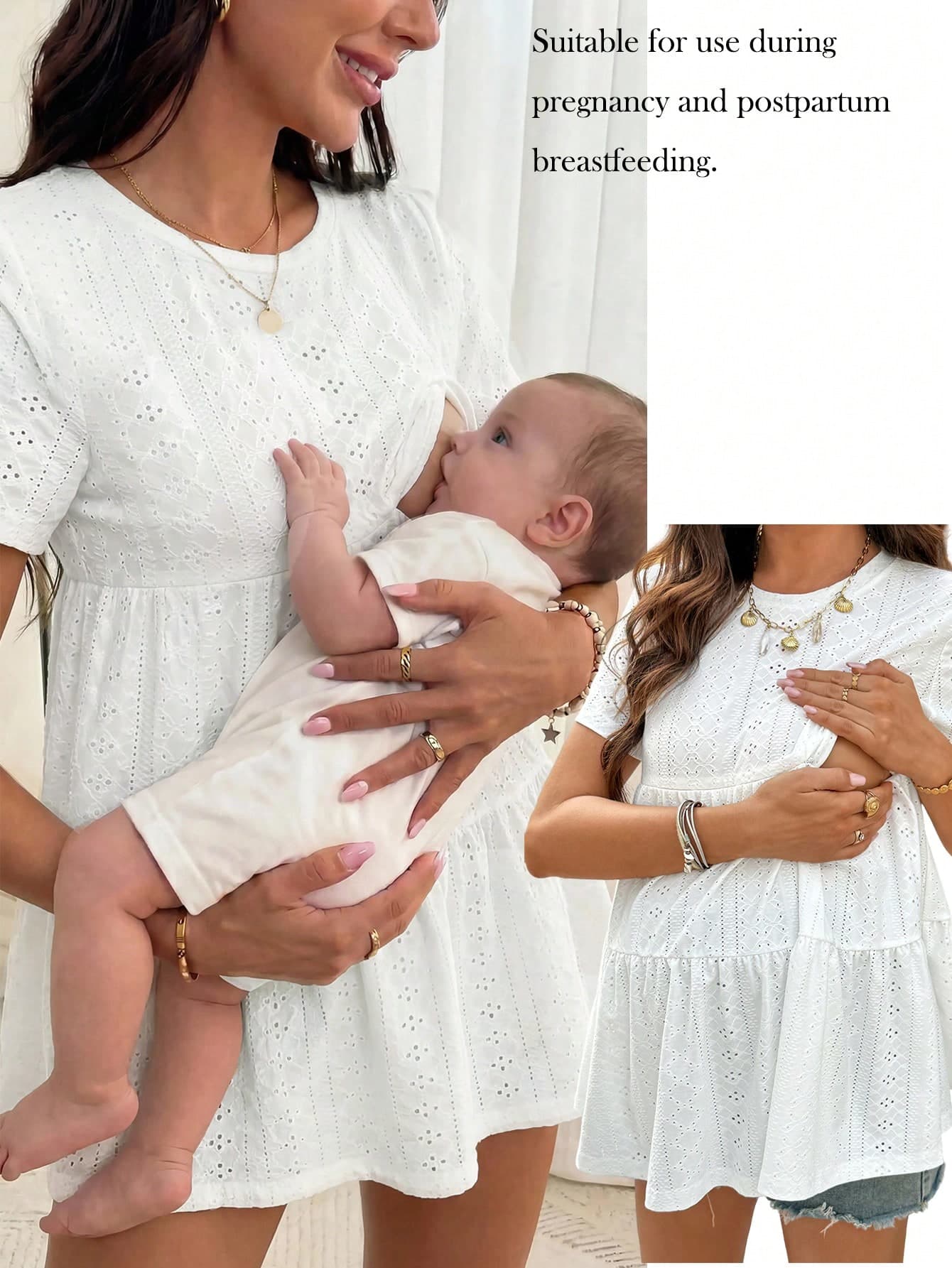 SHEIN Maternity Vacation Casual Sweet White Textured Nursing T-Shirt Summer Women Hollow Out Embroidery Ruffle Hem Top Eyelet