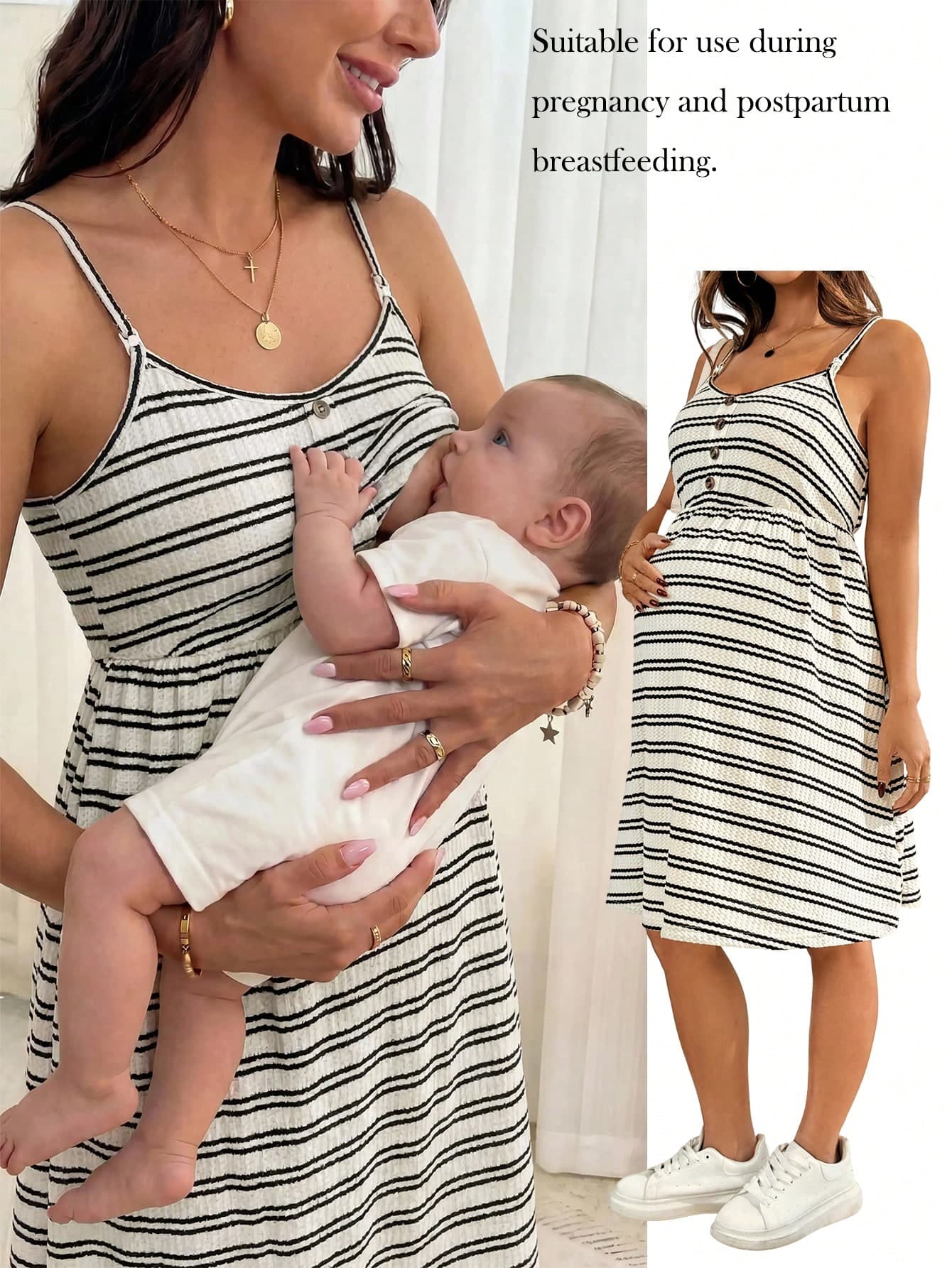 SHEIN Maternity Clothes Maternity Nursing Dress Bodysuit Summer Pregnant Clothes Striped Nursing Dress, Soft, Comfortable, Casual, And Perfect For Going Out World Cup