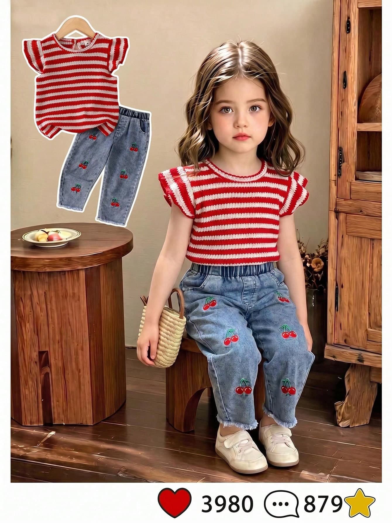 SHEIN Elladie kids Girls' Summer Vibrant Red Cap Sleeve Top & Denim Long Pants 2-Piece Set, Exquisite Cherry Embroidery Accents, Sweet & Eye-Catching, Simple Fit, Comfortable & Relaxed, Suitable For Outings, Parties, Home Leisure, And Casual Wear