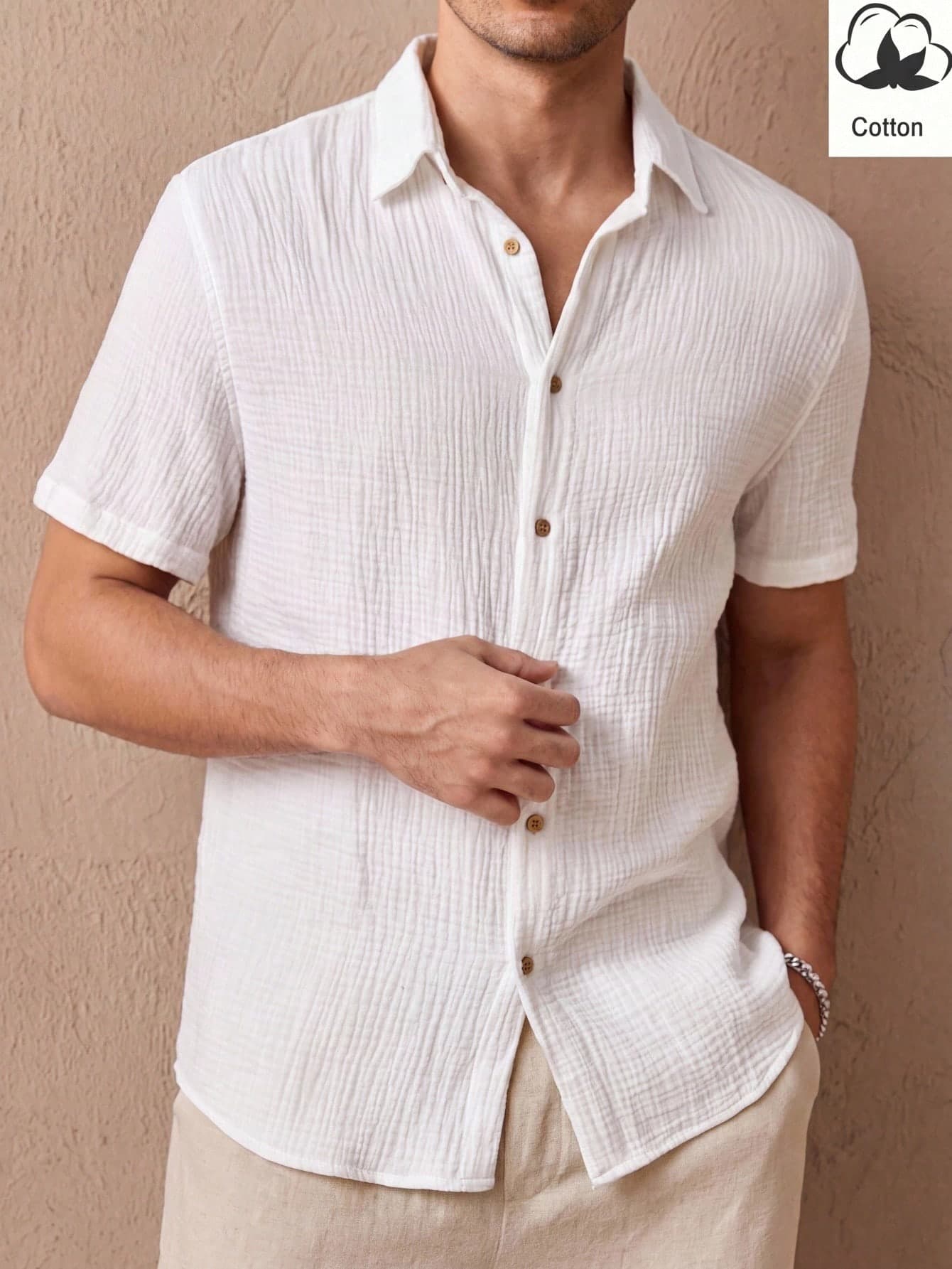 HIMLAND Men's Plus Size Solid Color Short Sleeve Single-Breasted Casual Commuter Shirt