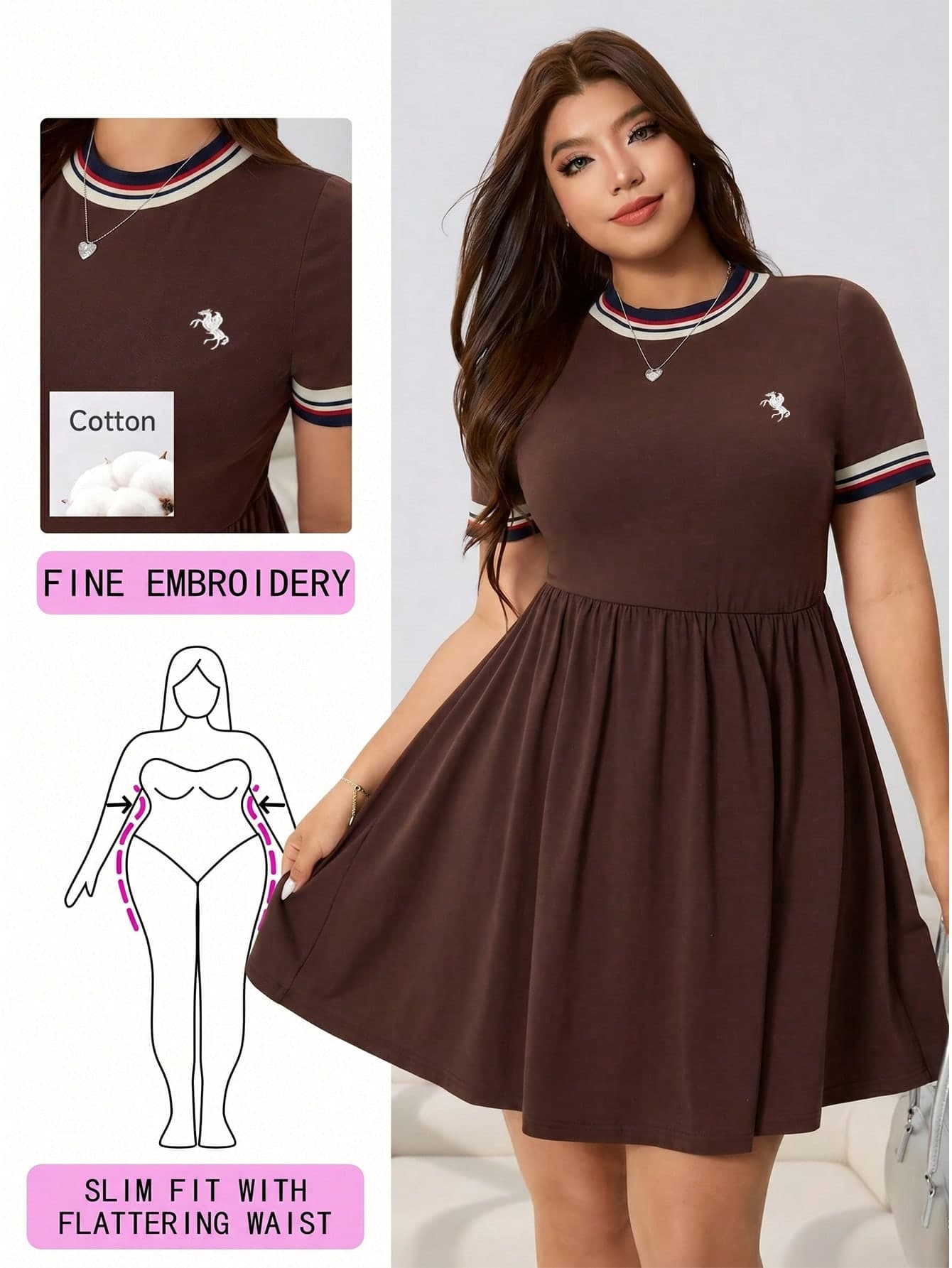 Solflare Spring/Summer New Casual Dress For Outings, Daily Wear, Gatherings, Back-To-School, Graduation, Contrast Color Striped Webbing, Round Neck, Brown