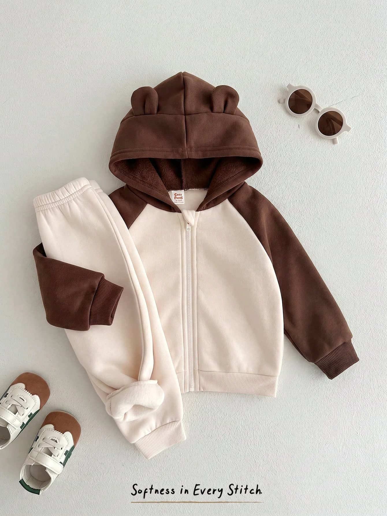 Cozy Pixies Baby Boy Cartoon Bear Pattern Contrast Color Raglan Sleeve Long Sleeve Winter Jacket Elastic Waist Long Pants 2-Piece Set Thermal Lined Brushed Thick Suitable For Winter