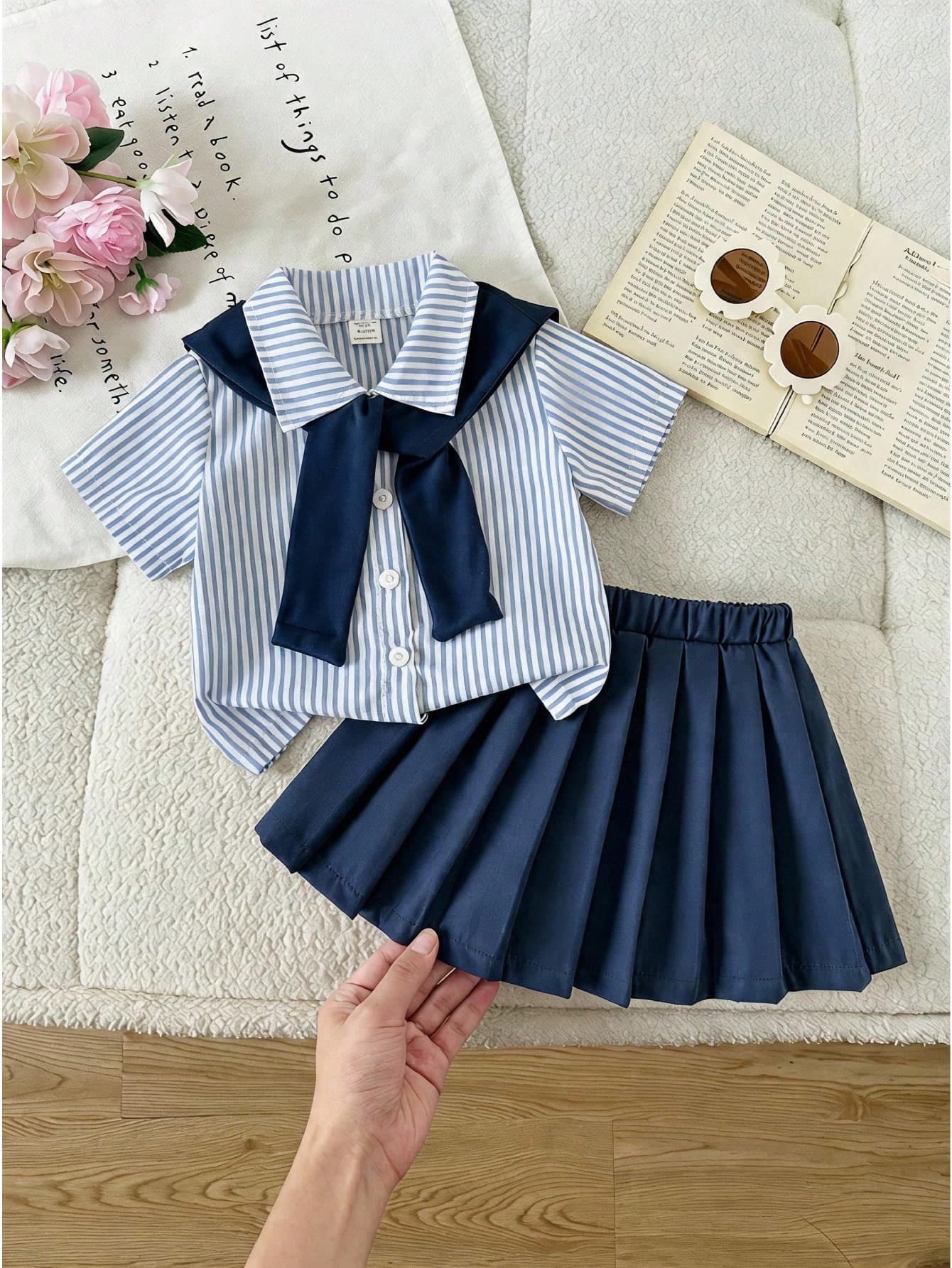 Souflis Souflis 3pcs/Set Toddler Infant Baby Girls' Embroidered Pony Striped Shirt, Paired With Navy Versatile Comfortable Shawl And Matching Pleated Skirt, Fashionable Casual Street Style Outfit For Summer, Baby Girls Summer Set, Girls Suit Toddler Girl Uniform Babygirl Skirt Sets Baby Girl School Clothes Toddler Skirt Set Summer Wear For Girls