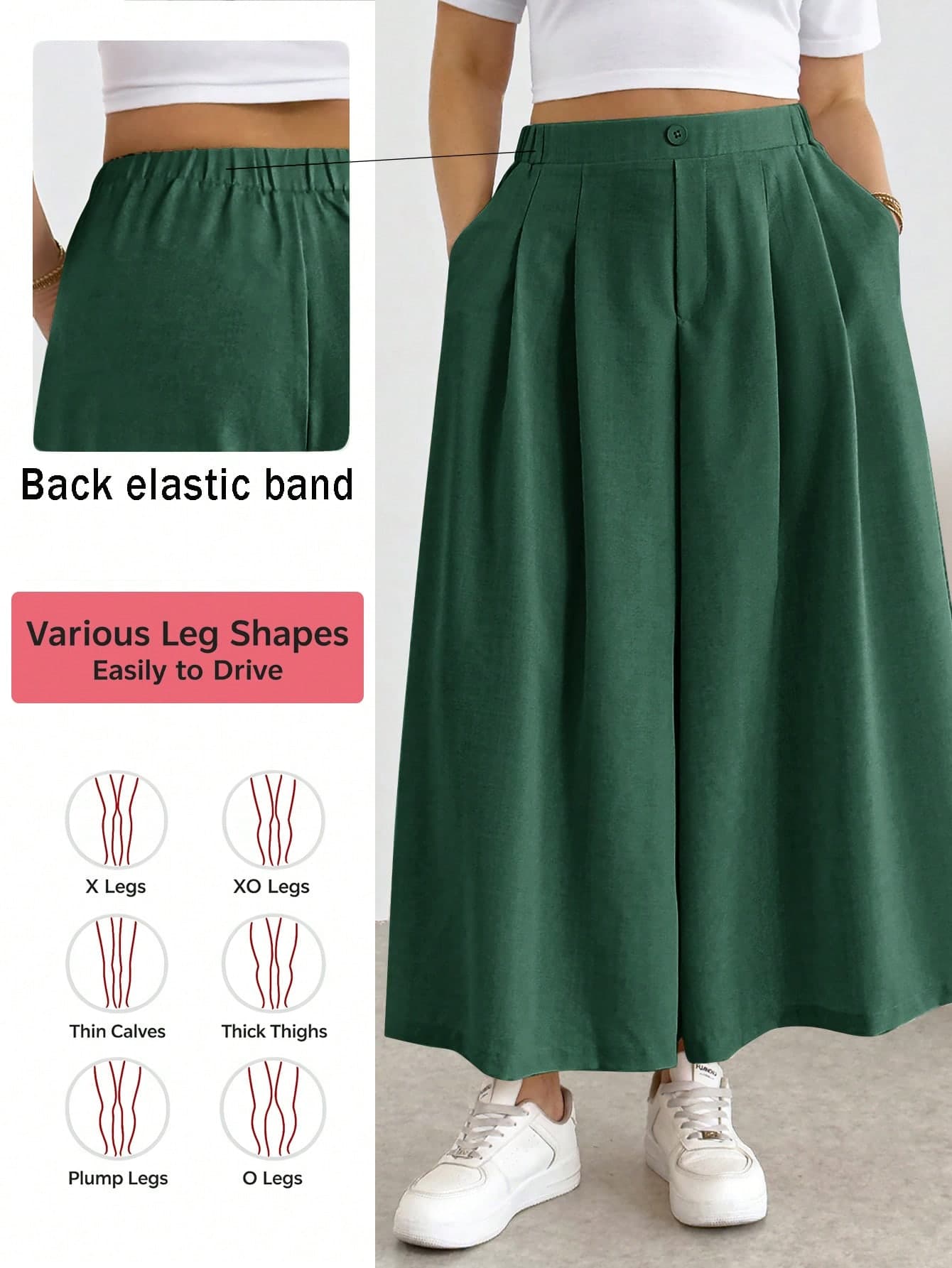 Shapeblank Plus Size Women Casual Pleated Elastic Waist Wide-Leg Culottes Dark Green Autumn Work Bussines Office Pants