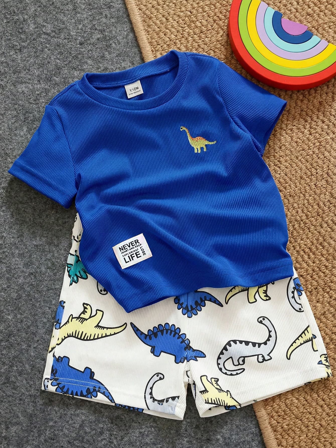 SHEIN Playful Pals 2pcs Baby Boy Set Cartoon Bear Pattern Decorative Collar Short Sleeve Cardigan And Printed Bear Pattern Shorts, Baby Boy Shirt And Shorts Set, Ribbed Material Set, Baby Boy Clothing Set, Summer Baby Bear Outfit
