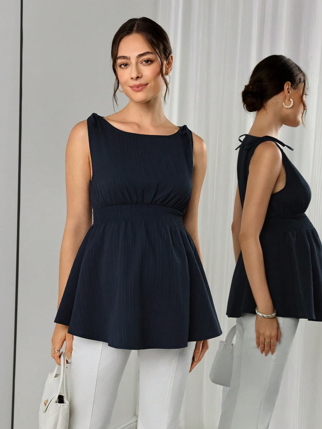 Momance Maternity Solid Color Shoulder Tie Waist Shirred Tank Top