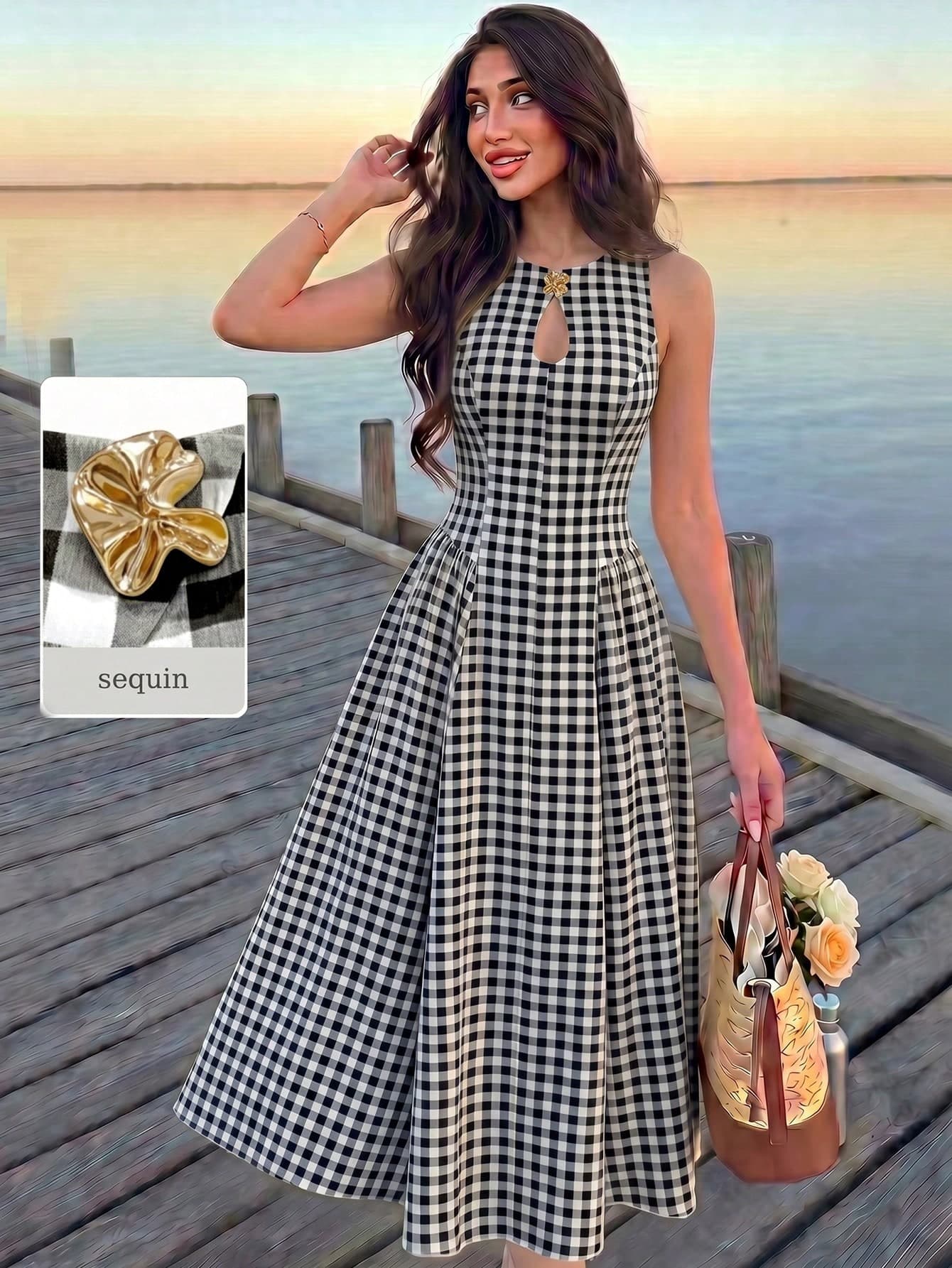 Modelyn Women's Spring/Summer Yellow Woven Plaid Textured Water Drop Neckline Metal Button Cinched Waist A-Line Elegant Romantic Midi Dress