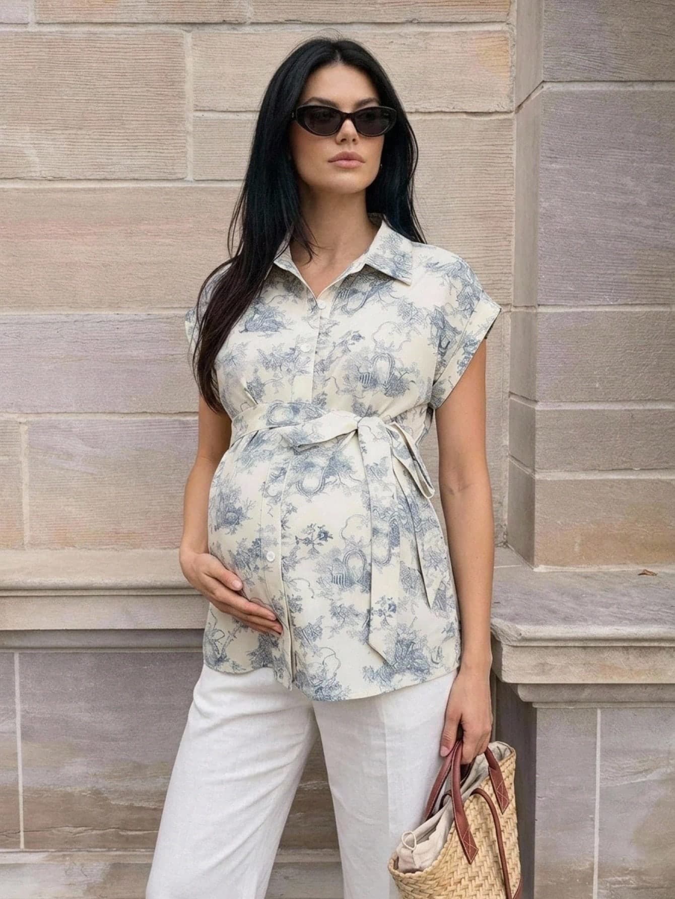 MaterniWear Maternity Summer Casual Elegant Printed Belted Shirt Gender Reveal Party Photoshoot Light Blue
