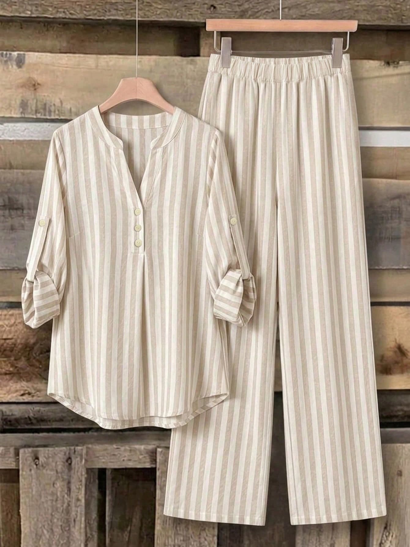 Rusticease Women's Casual Long Sleeve Shirt And Pants 2-Piece Set, Striped Outfit, Women's Casual Wear, Street Style, Suitable For Daily Commute, Dating, Gathering, Autumn/Winter/Spring/Summer, Christmas, New Year, Thanksgiving, Party, Wedding, Beach, Graduation, Fashion, Elegant, Casual, Outing, Dating, Appointment, Commute