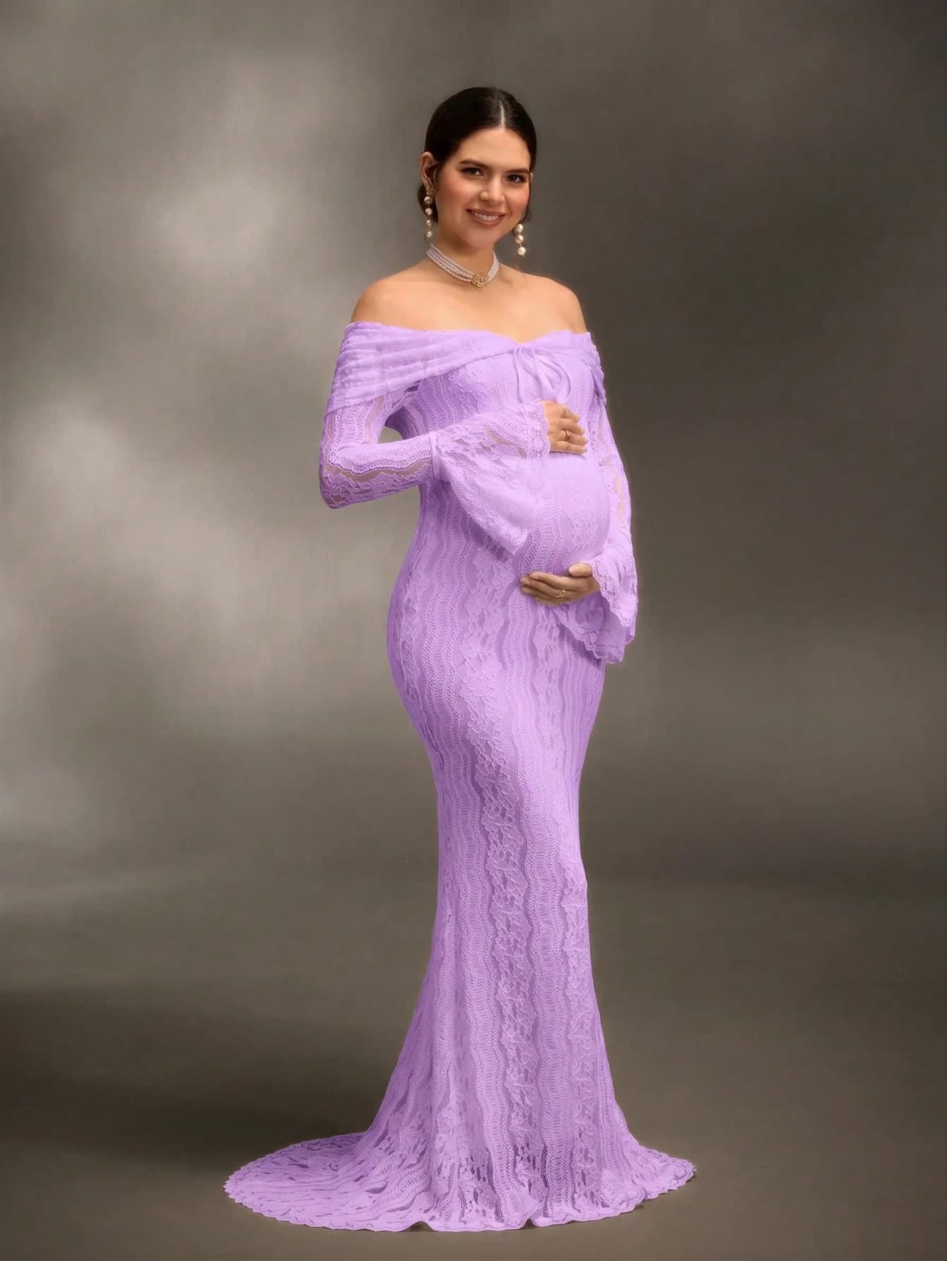 Cheriluna Maternity Christmas Party Dress/Elegant Party Dresses/Baby Shower Party Dress Elegant Off-Shoulder White Lace Long Sleeve Extra Long Mermaid Dress Suitable For Wedding, Party, Maternity Photoshoot, Baby Shower