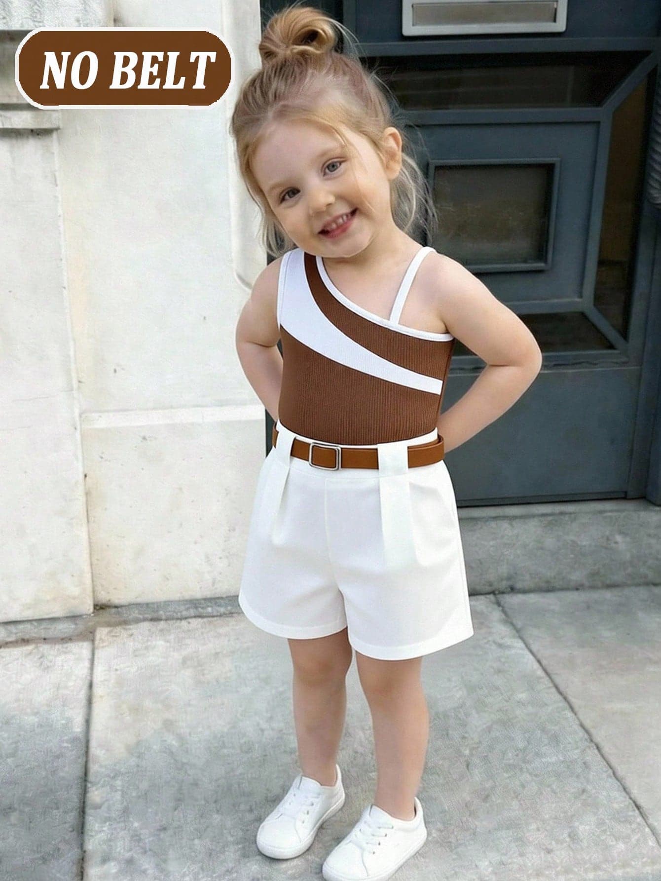 Elladie kids 2pcs Baby/Baby Girl Casual Commuter Contrasting Asymmetrical Camisole Top & Shorts Set, Summer