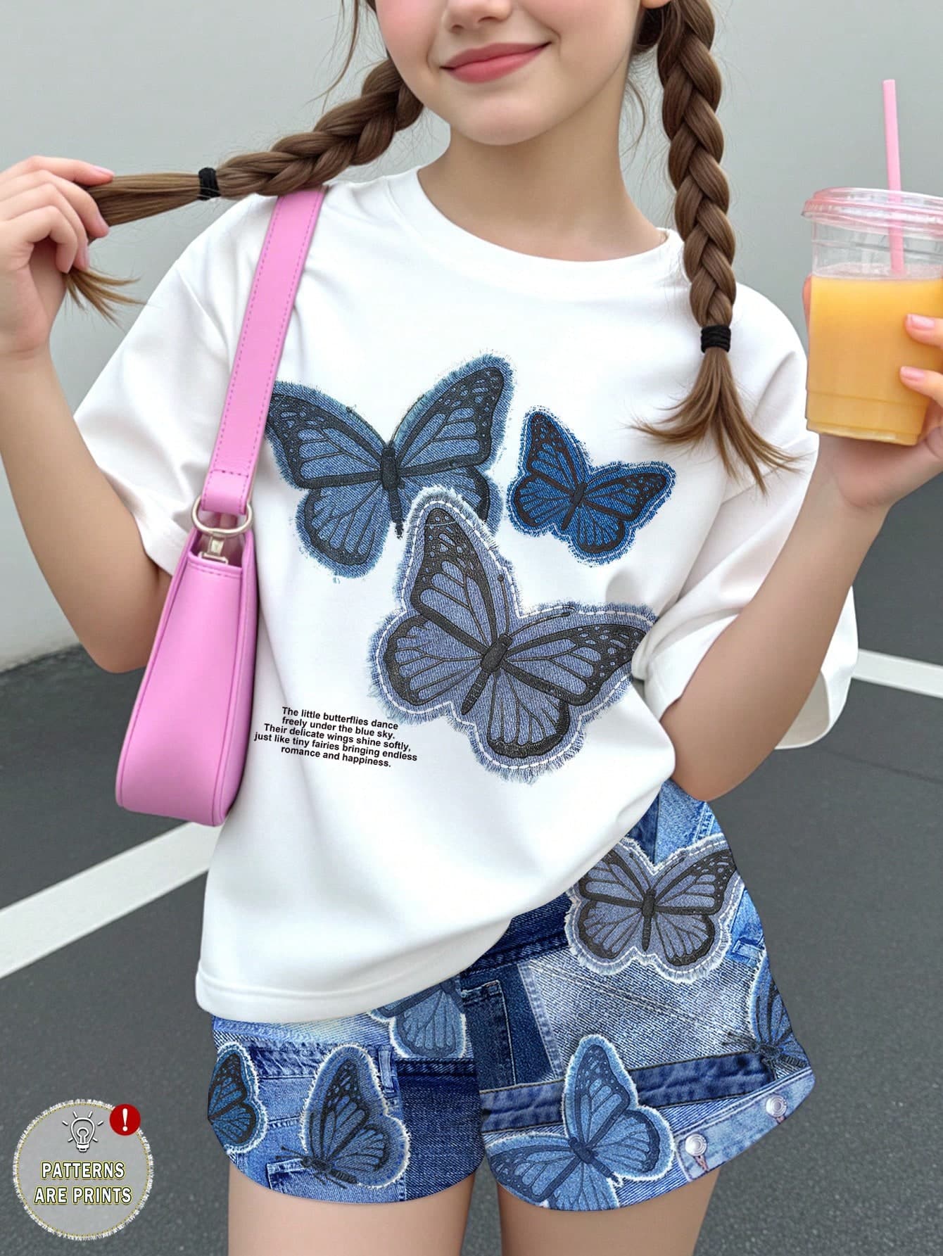 Kids Tween Girl Casual Minimalist Cute Textured Butterfly Pattern Short Sleeve Shorts 2-Piece Set, Suitable For Summer, Back To School, Blue