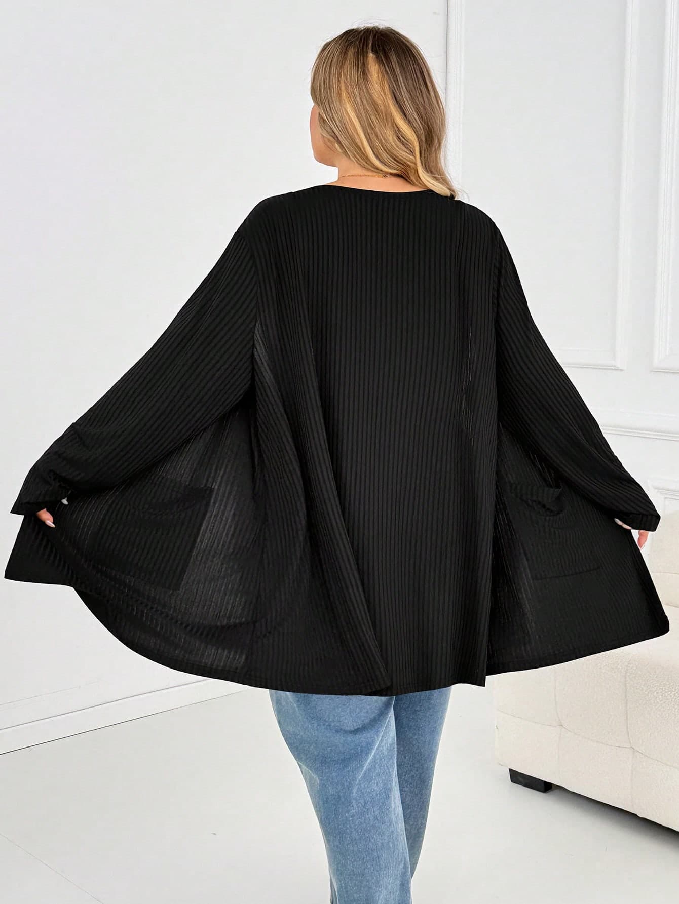 SHEIN CURVE+ Summer Fashion Casual Loose Comfortable Basic Versatile Long-Sleeved Black Cardigan,