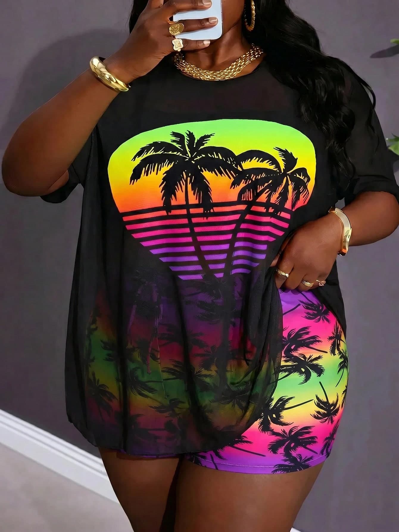 SHEIN CURVE+ Curvy Plus Size Women's Minimalist Casual T-Shirt + Plus Size Bikini Tank Top + Plus Size Shorts, Suitable For Summer Beach Holiday Daily Wear, Plus Size 3-Piece Swimsuit, Curvy Plus Size, Hoho Vacationbeach Women's Clothing/Beachwear/Beach Holiday Wear/Beach Essentials/Graduation/Tea Party Dress