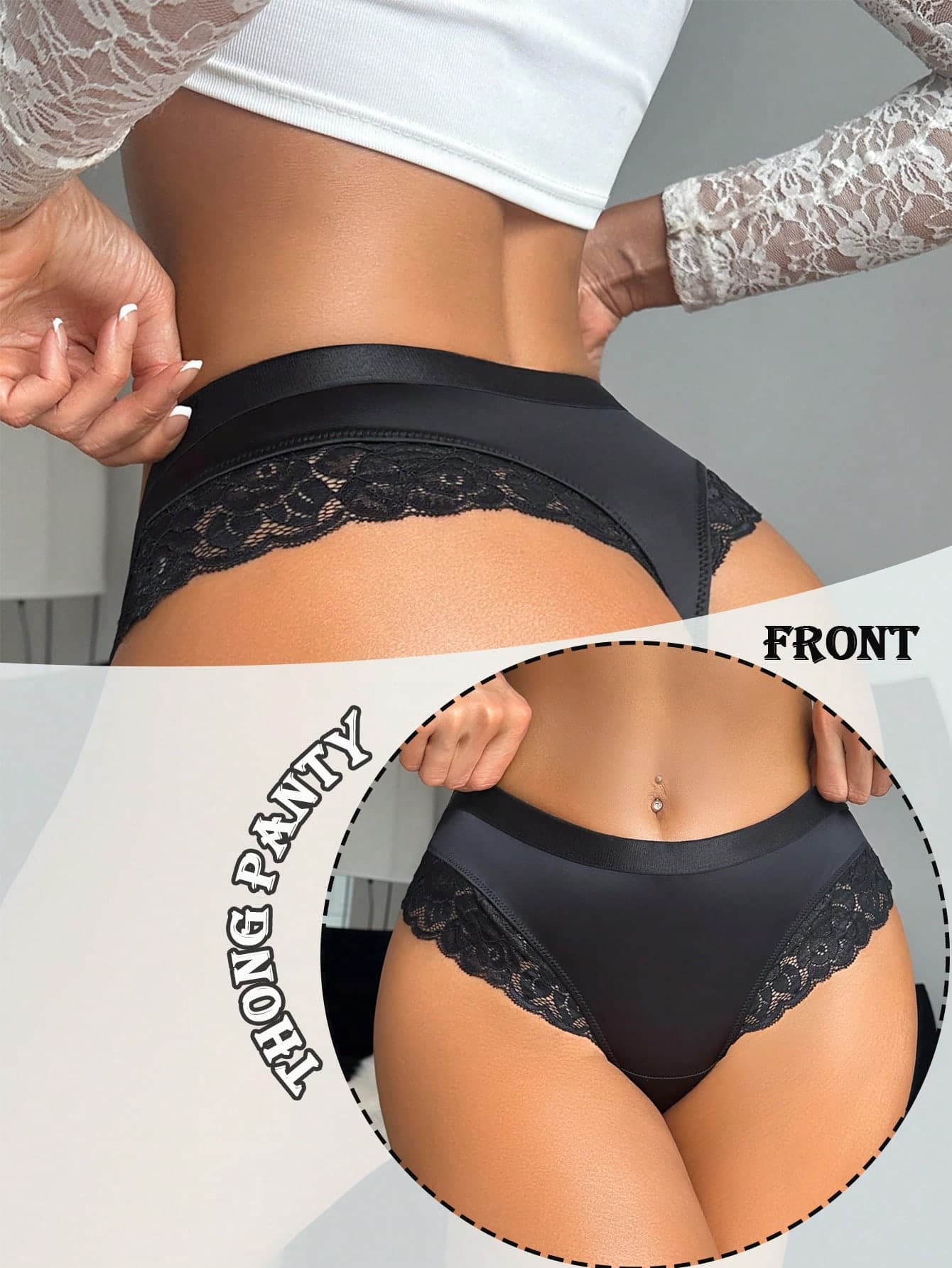 Seduluxe 1pc Women Lace Insert Thong Panties, Black