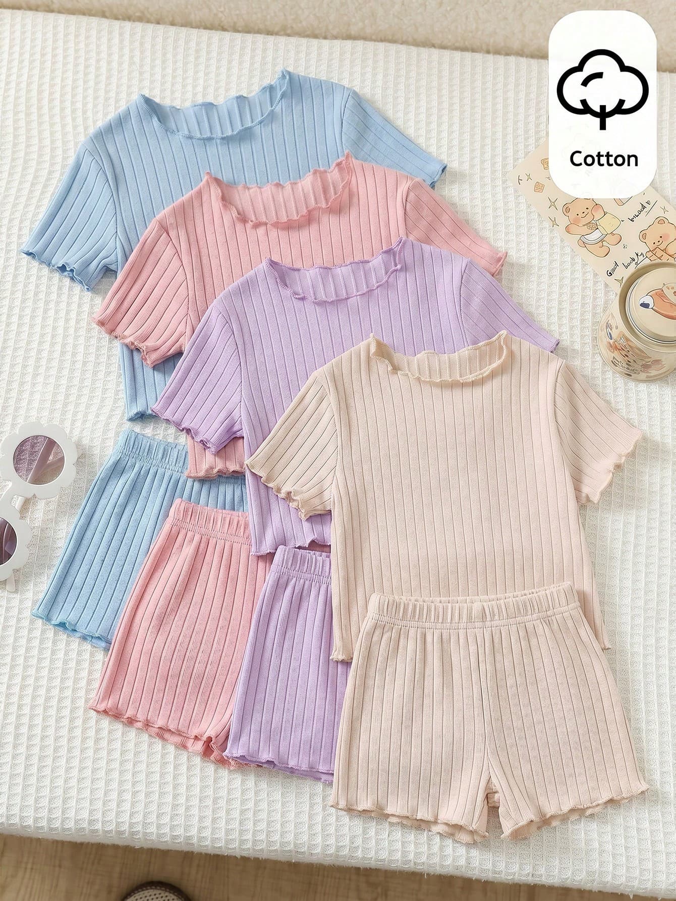SHEIN Kids 4pcs/Set Young Girl Summer Cute Solid Color Ruffle Hem Short Sleeve Top,Summer,Summer Tops, Tank To Back-To-School School Baby Blue