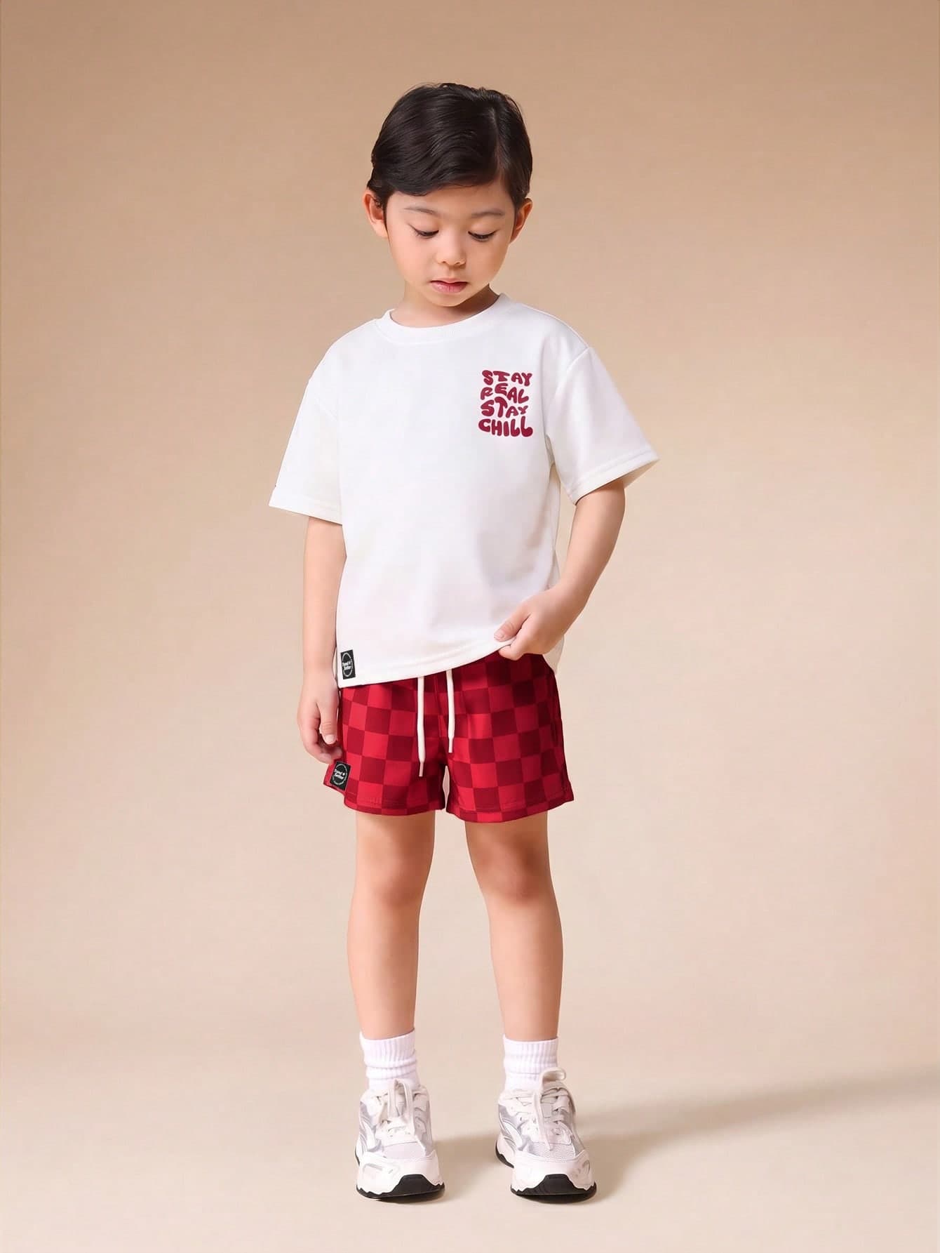 SUMWON Boys Short Sleeve T-Shirt With Checkered Shorts Coordinate Set Stay Chill Printed Casual Streetwear Summer Outfit