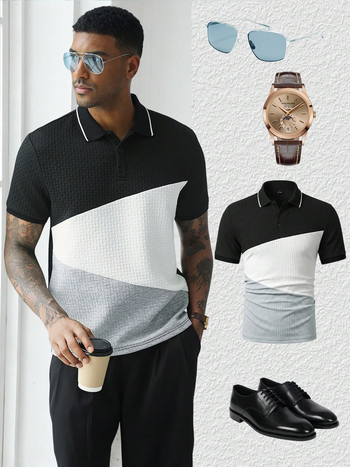 HUEFORM Men's Short Sleeve Textured Fabric Patchwork  Slightly Loose Fit POLO Shirt, Suitable For Outings And Gatherings,A Great Gift For My Husband.