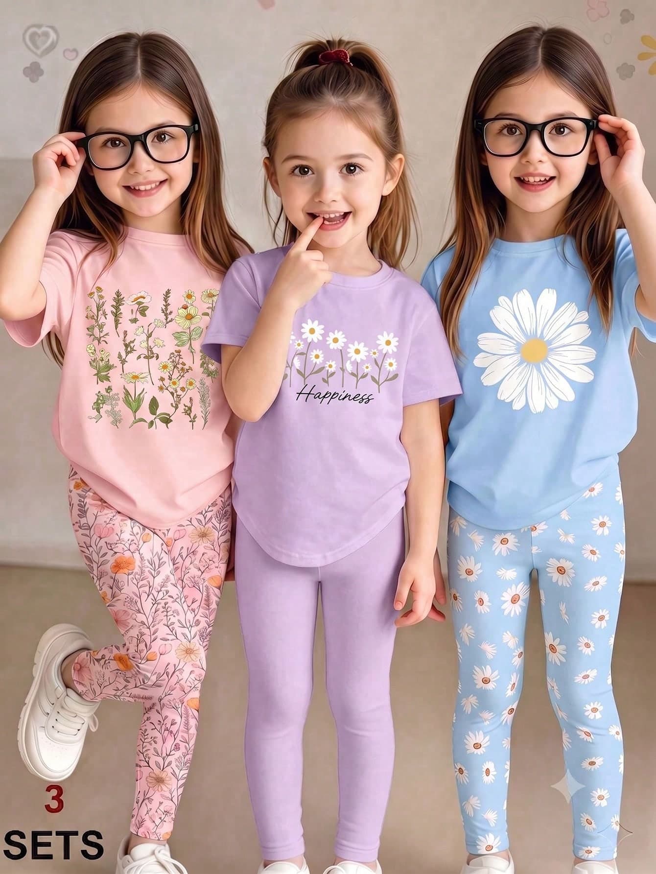 SHEIN 3 Sets Young Girls Casual Simple Pastoral Floral Daisy Print Round Neck Short Sleeve T-Shirt + Leggings Set, Light Blue, Pink, Light Purple 3 Sets Outfit, Suitable For Daily Wear, Vacation, Comfortable And Relaxed Casual Style, Perfect For Young Girls' Easy Casual Outfits