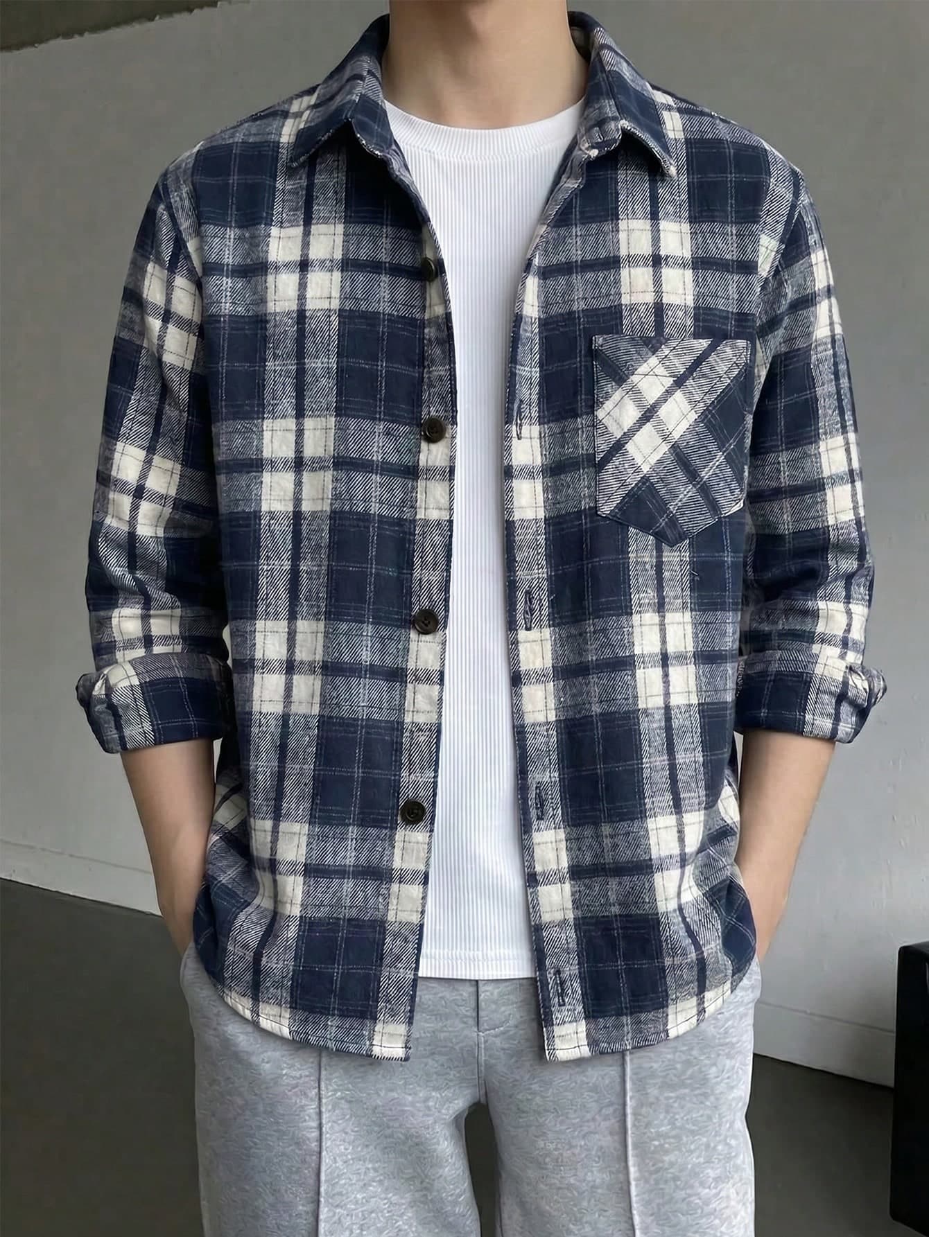 SHEIN Tween Boy Plaid Long Sleeve Single-Breasted Casual Pocket Shirt