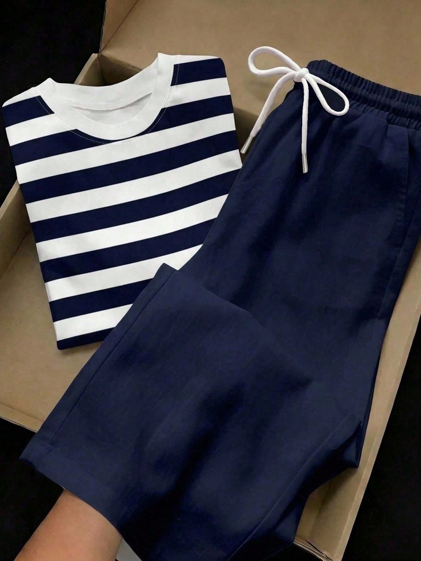 SHEIN EZwear 2pcs/Set Embroidered Round Neck Short Sleeve Top And Striped Print Pants, Casual
