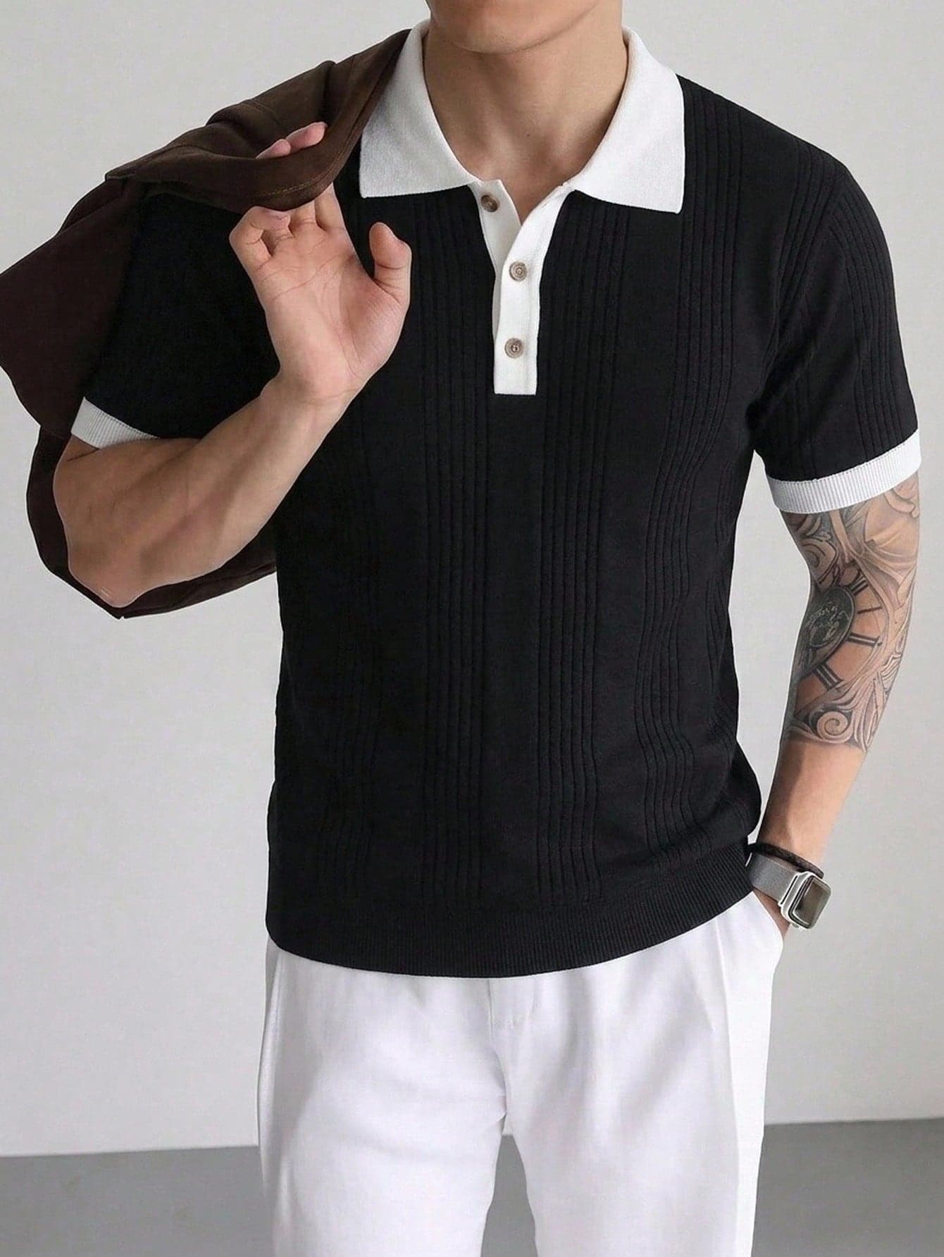 Manfinity Homme Men's Colorblock Casual Smart Casual Versatile Daily Wear Knit Top Office Black And White Summer