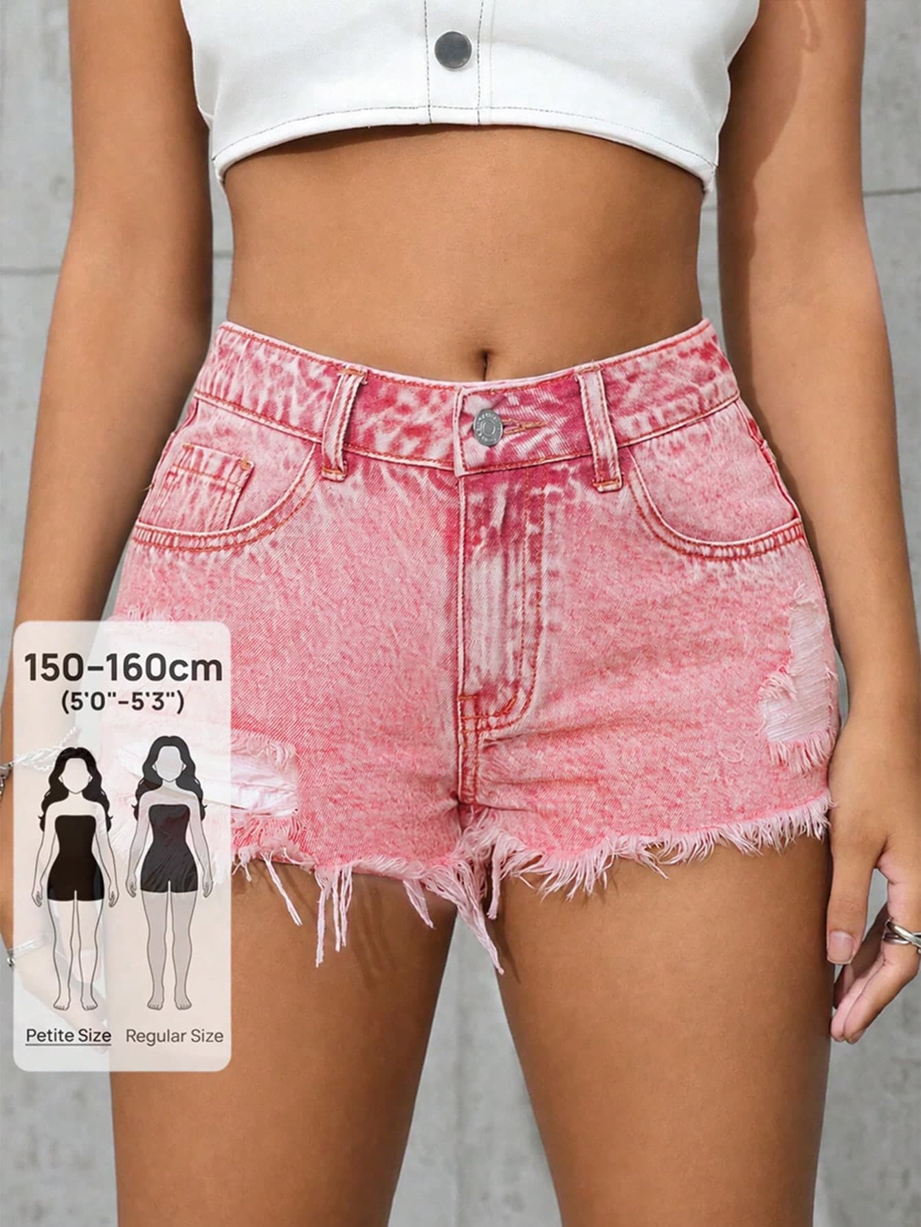 SHEIN PETITE Women's Pocket Distressed Raw Hem Denim Shorts