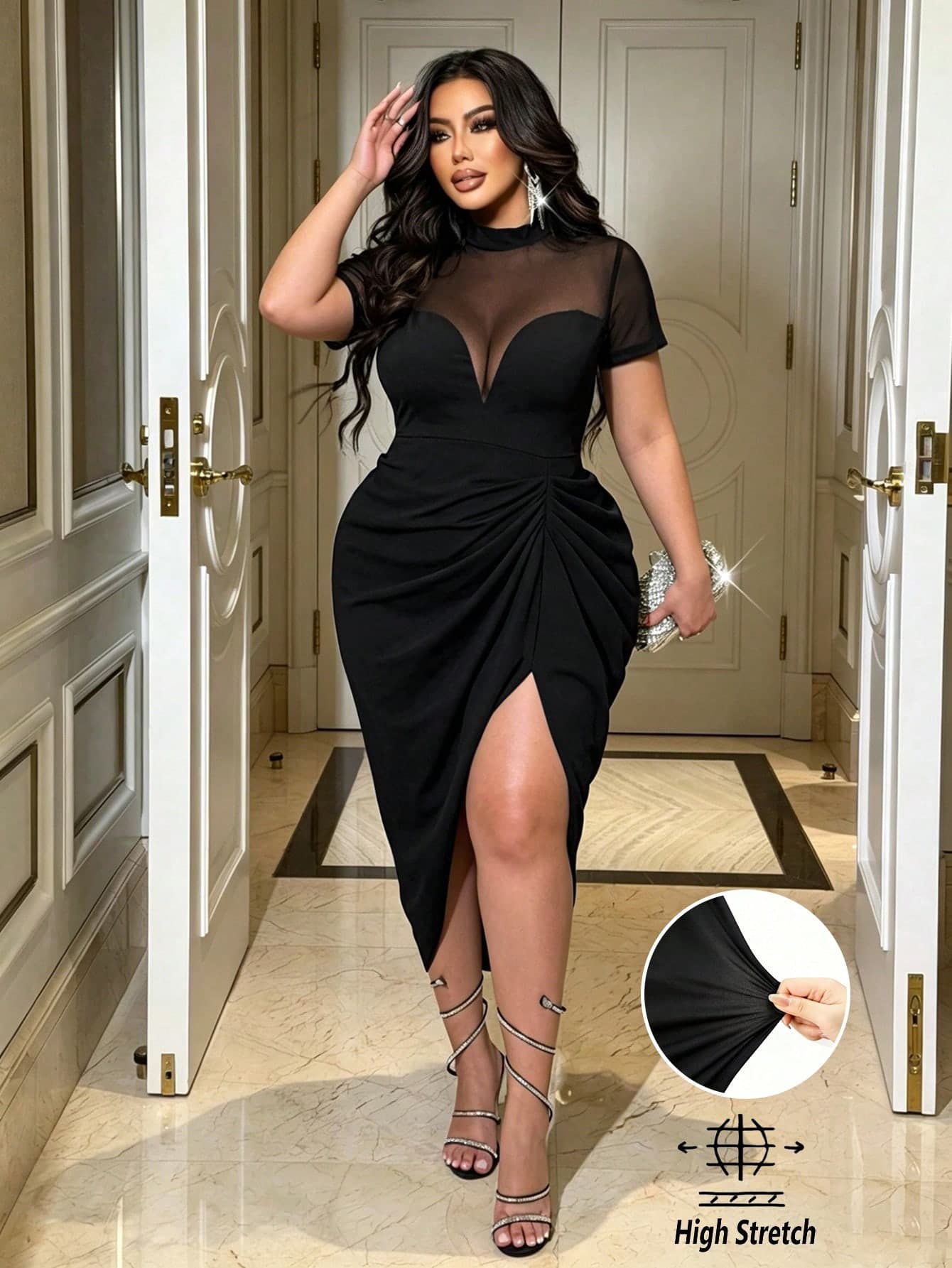NU&NOW Plus Size Women Summer Black Mesh Paneled StCollar Short Sleeve Bodycon Party Dress,Elegant Formal Evening Night Out Club Autumn Slits Slim  Clother