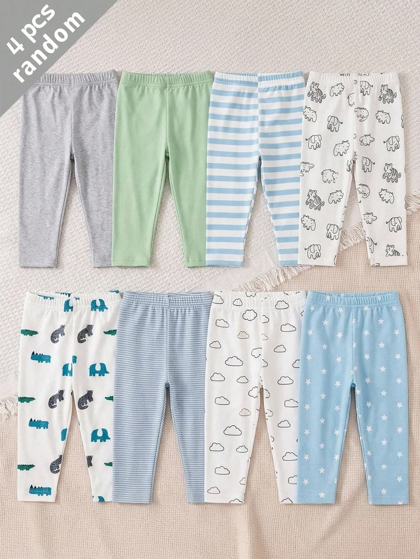 SHEIN Playful Pals 4pcs]Unisex Baby Striped Blue Green White Gray Solid Color Dinosaur Pattern Print Long Pants Multi-Piece Set Daily Wear Discount Pack