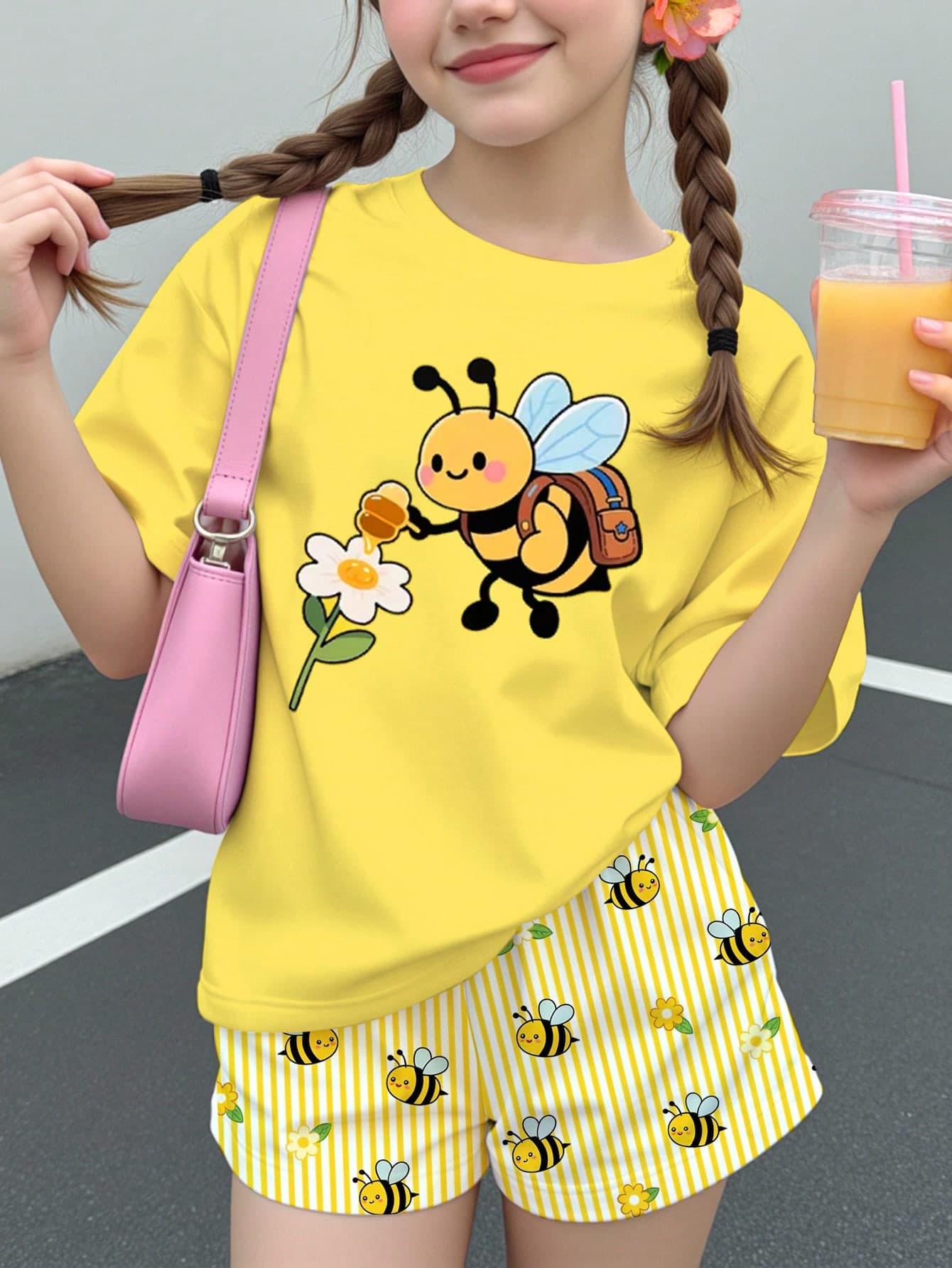 Tween Girl Casual Minimalist Cartoon Graphic Short Sleeve Top And Shorts 2 Pieces Set, Suitable For Summer