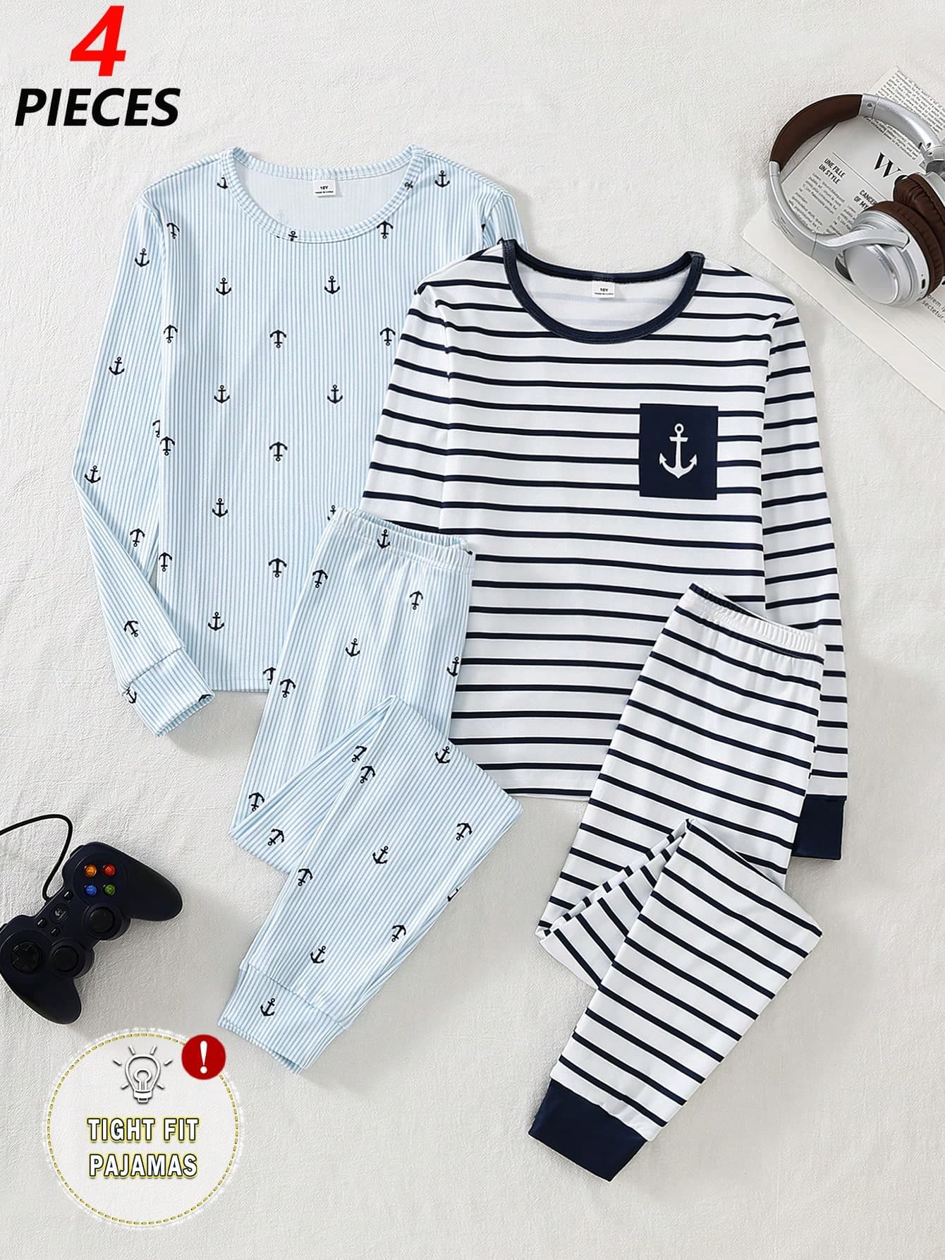 Boys' Striped & Star Print Long Sleeve Top & Long Pants 4-Piece Set, Snug Fit Loungewear Pajama Set