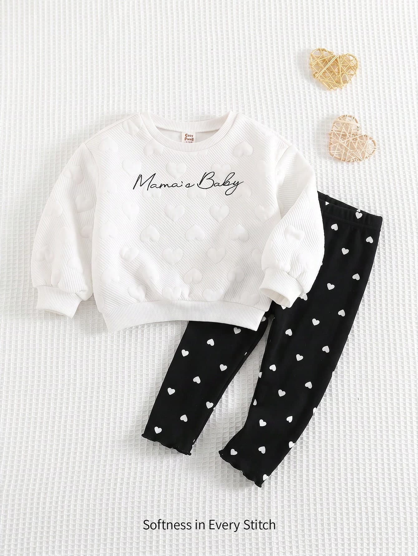 Cozy Pixies Baby Girl Heart Pattern Knitted Soft Crew Neck Long Sleeve Pullover Sweatshirt & Leggings 2-Piece Set