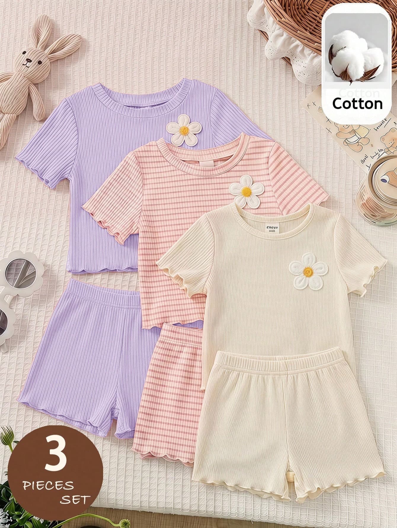 SHEIN Baby Girl 3pcs Knitted Casual Crew Neck T-Shirts, Cute Floral, Striped Knit