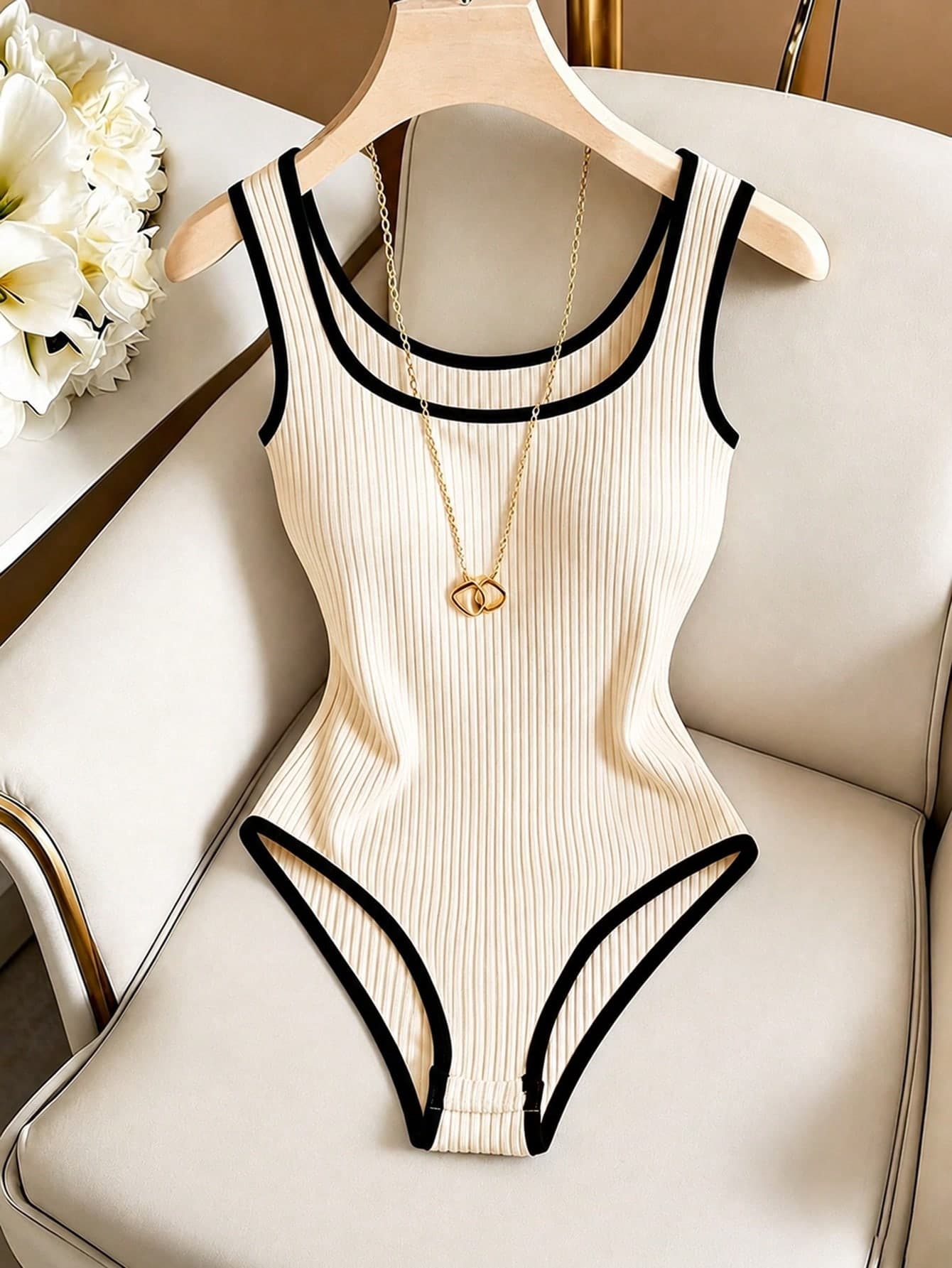 GlowEve CURVE Plus Size Elegant Fashion Pink & Black Contrast Color Decorated Slim Fit Ribbed Bodysuit For Women, Suitable For Shopping, Commuting And Travel