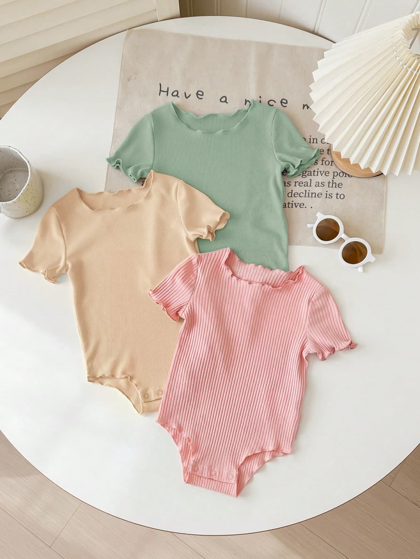 SHEIN 3pcs/Set Newborn Baby Girl Lovely Solid Color Knitted Short Sleeve Bodysuit Set, Summer