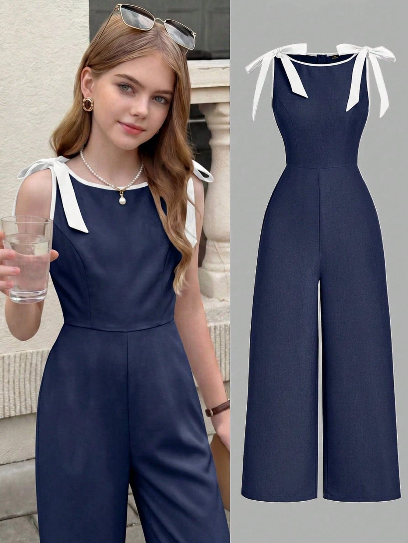 SHEIN Girlism Teen Girl Jumpsuit And Romper, Round Neck Sleeveless Navy Blue Jumpsuit, Contrast Trim, Bow Decor, Waist-Cinching Design, A-Line Skirt Hem - Vintage Court Style, Exuding Old Money Vibe, Suitable For Work, Back To School, Party, Holiday And Birthday Occasions.